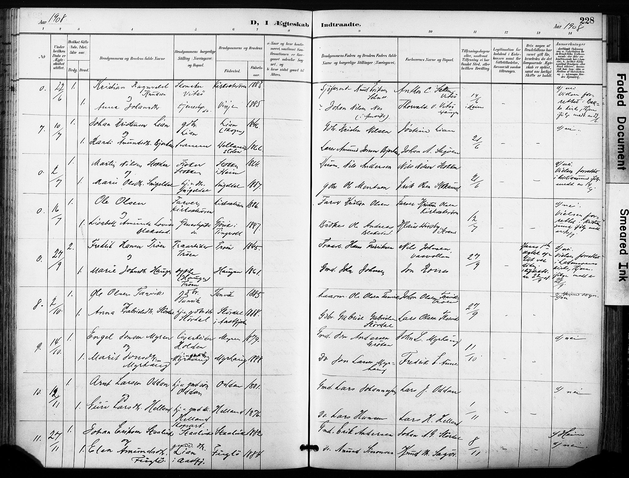 Ministerialprotokoller, klokkerbøker og fødselsregistre - Sør-Trøndelag, AV/SAT-A-1456/630/L0497: Parish register (official) no. 630A10, 1896-1910, p. 228