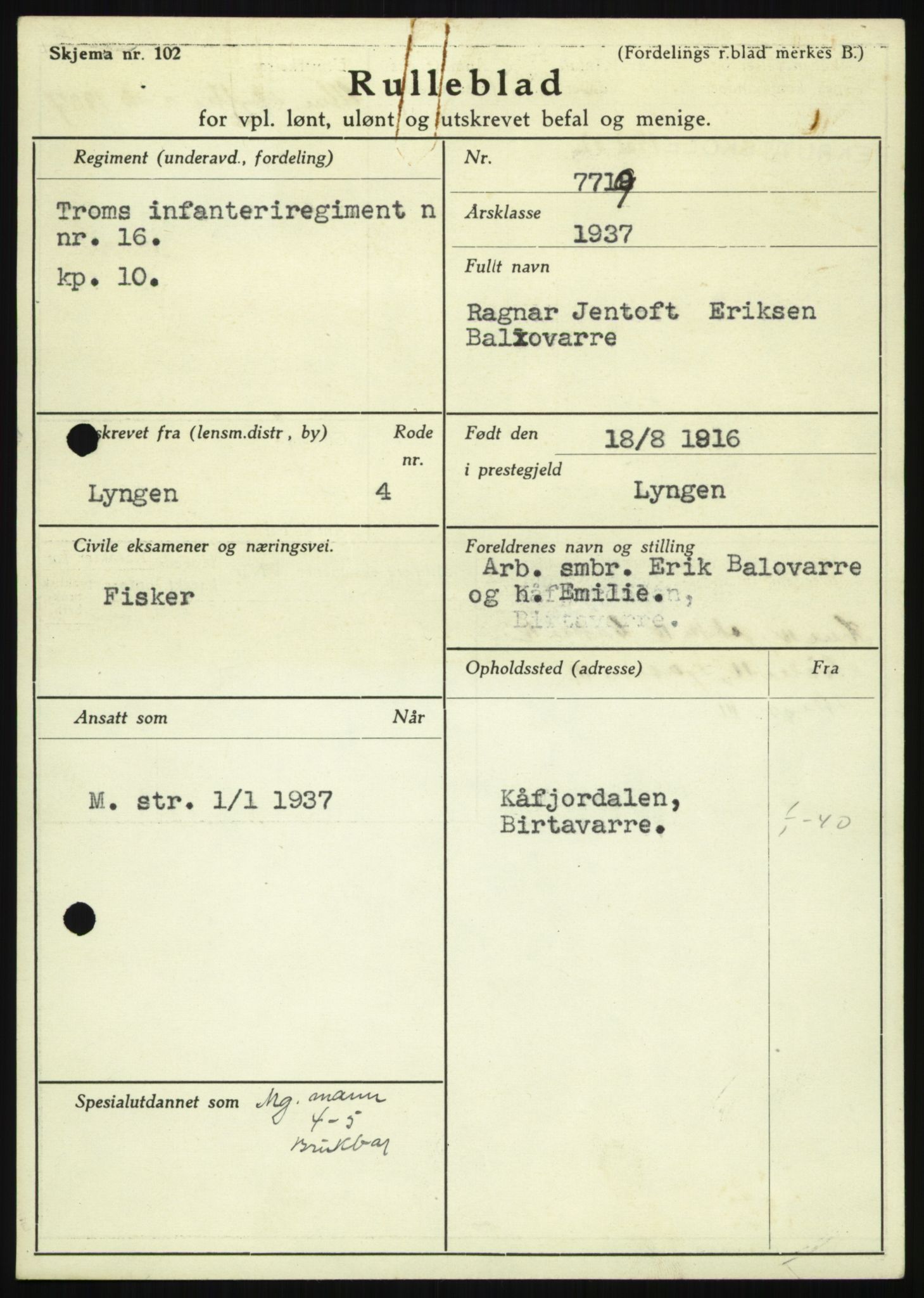 Forsvaret, Troms infanteriregiment nr. 16, AV/RA-RAFA-3146/P/Pa/L0021: Rulleblad for regimentets menige mannskaper, årsklasse 1937, 1937, p. 31