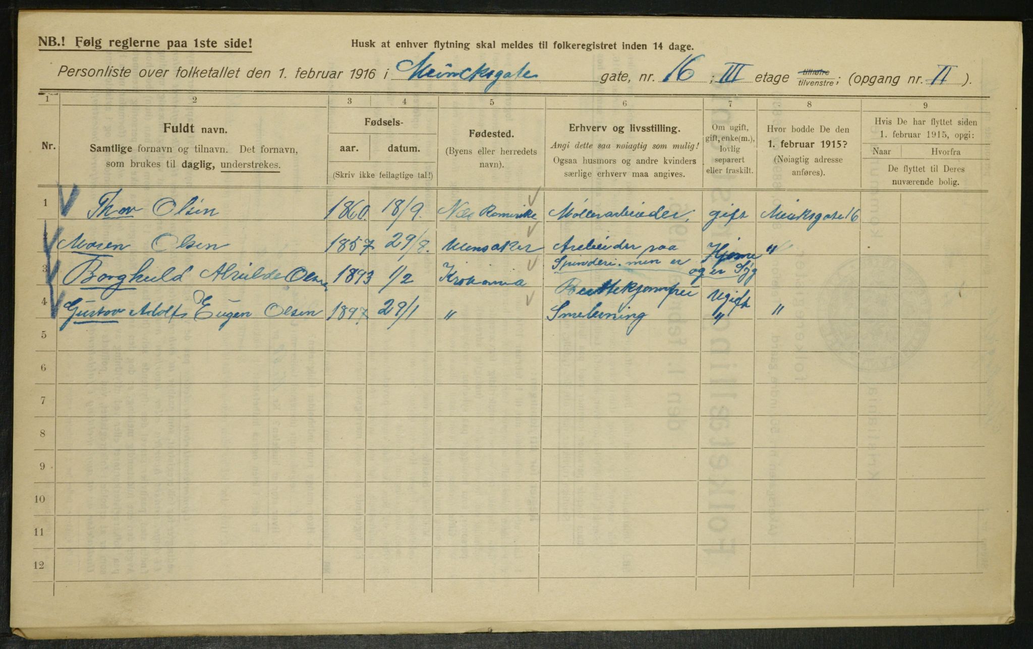 OBA, Municipal Census 1916 for Kristiania, 1916, p. 1276