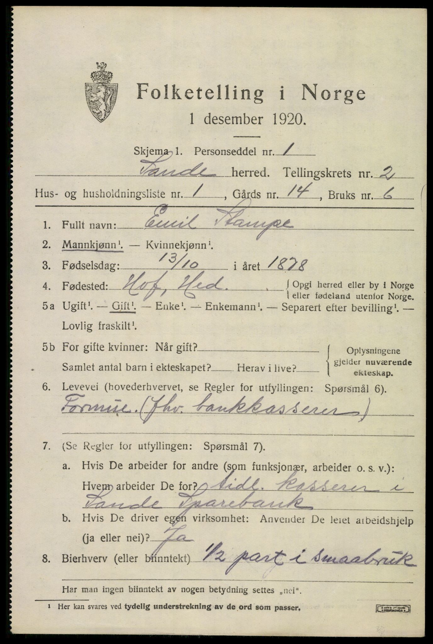 SAKO, 1920 census for Sande, 1920, p. 2172