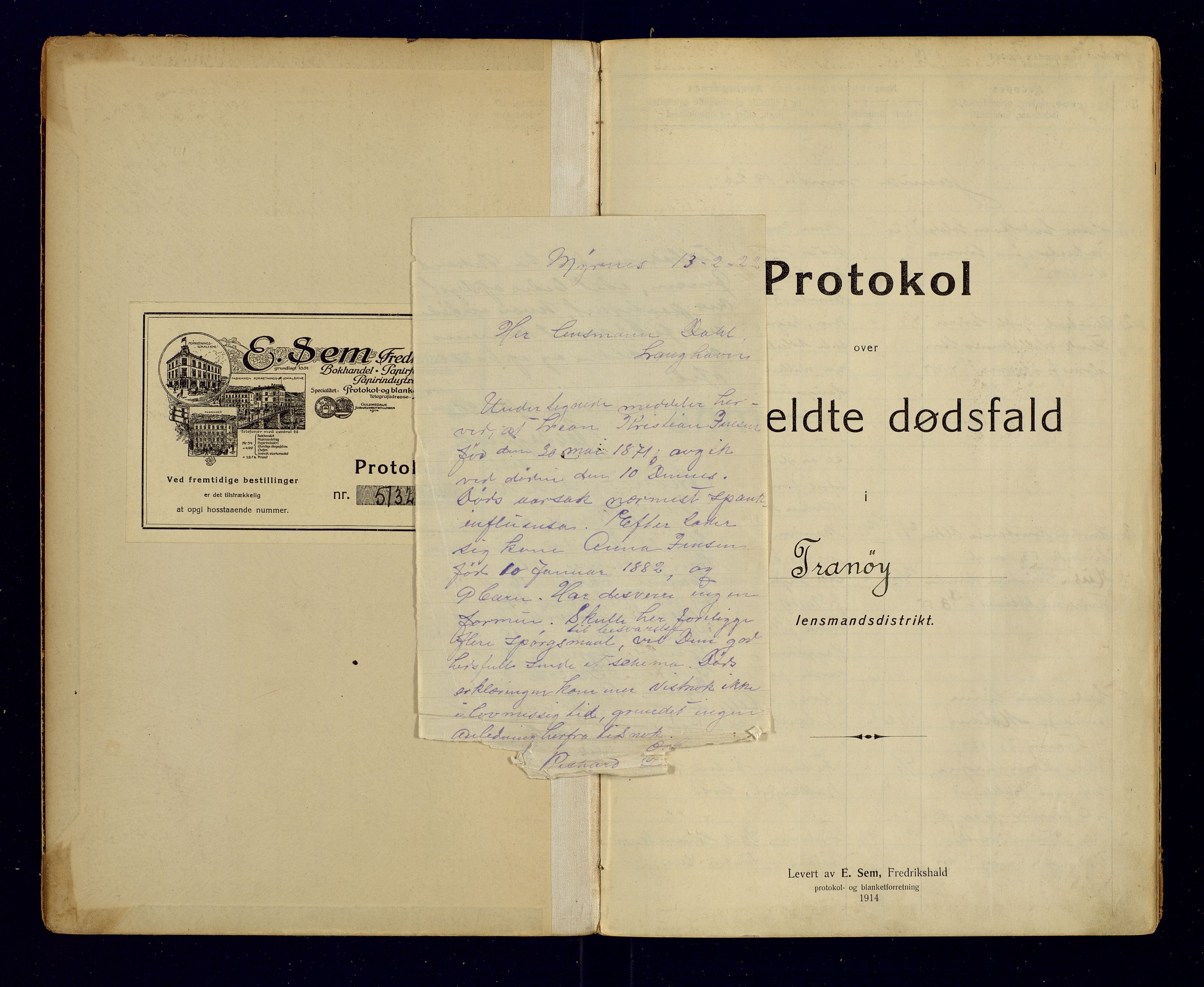 Tranøy lensmannskontor (Sørreisa lensmannskontor), AV/SATØ-SATØ-46/1/F/Fi/Fia/L0148: Dødsfallsprotokoller, 1920-1923