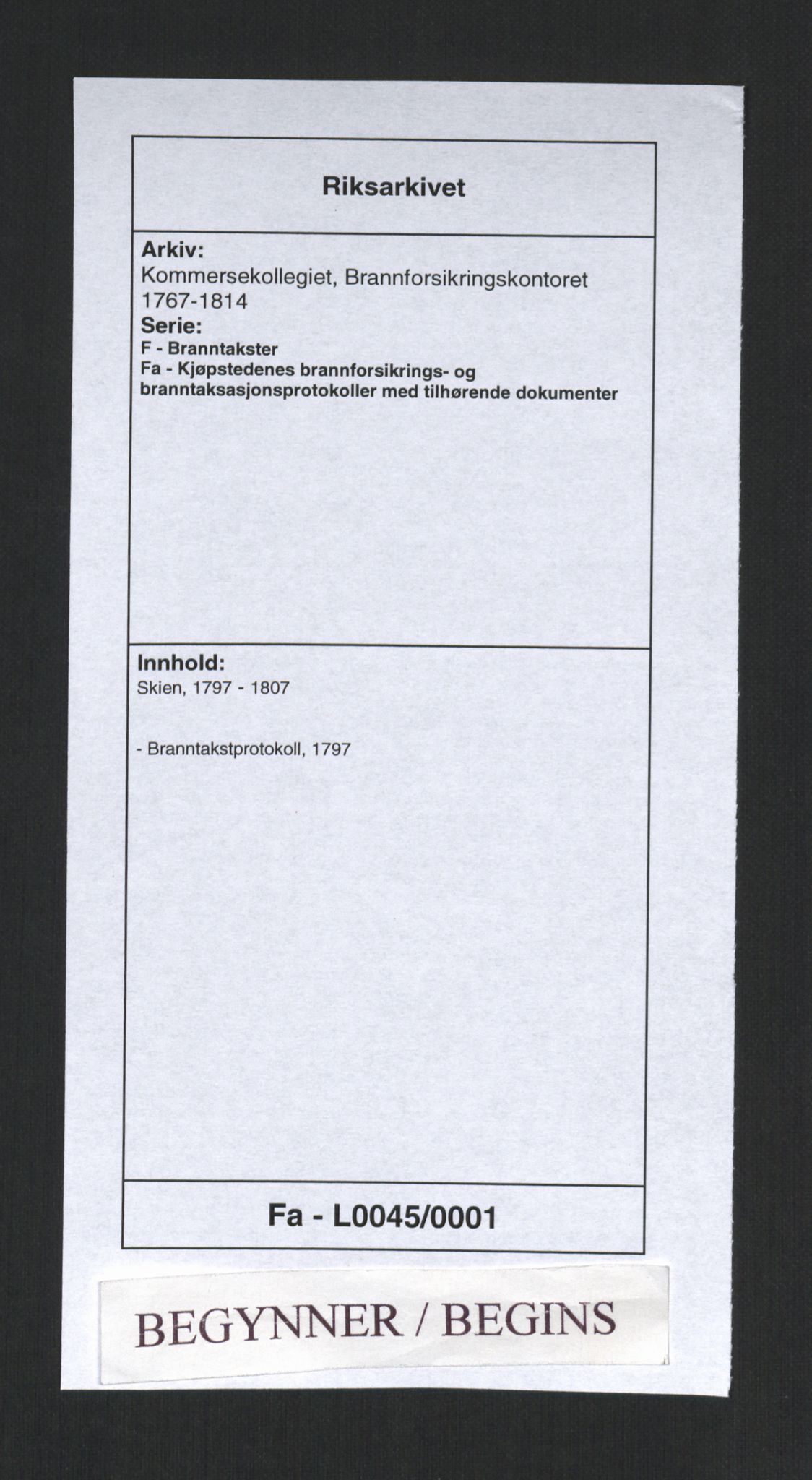 Kommersekollegiet, Brannforsikringskontoret 1767-1814, RA/EA-5458/F/Fa/L0045/0001: Skien / Branntakstprotokoll, 1797