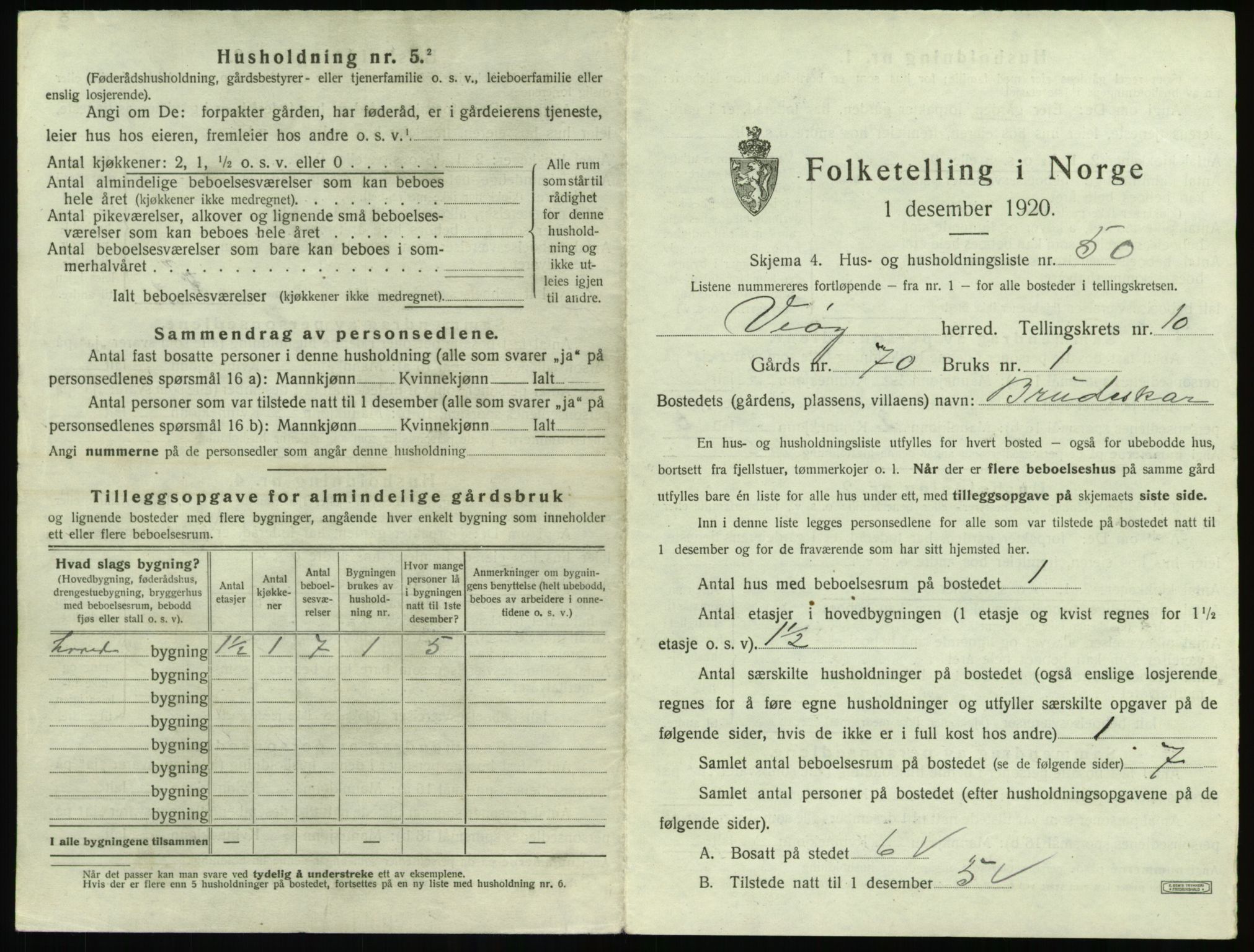 SAT, 1920 census for Veøy, 1920, p. 875