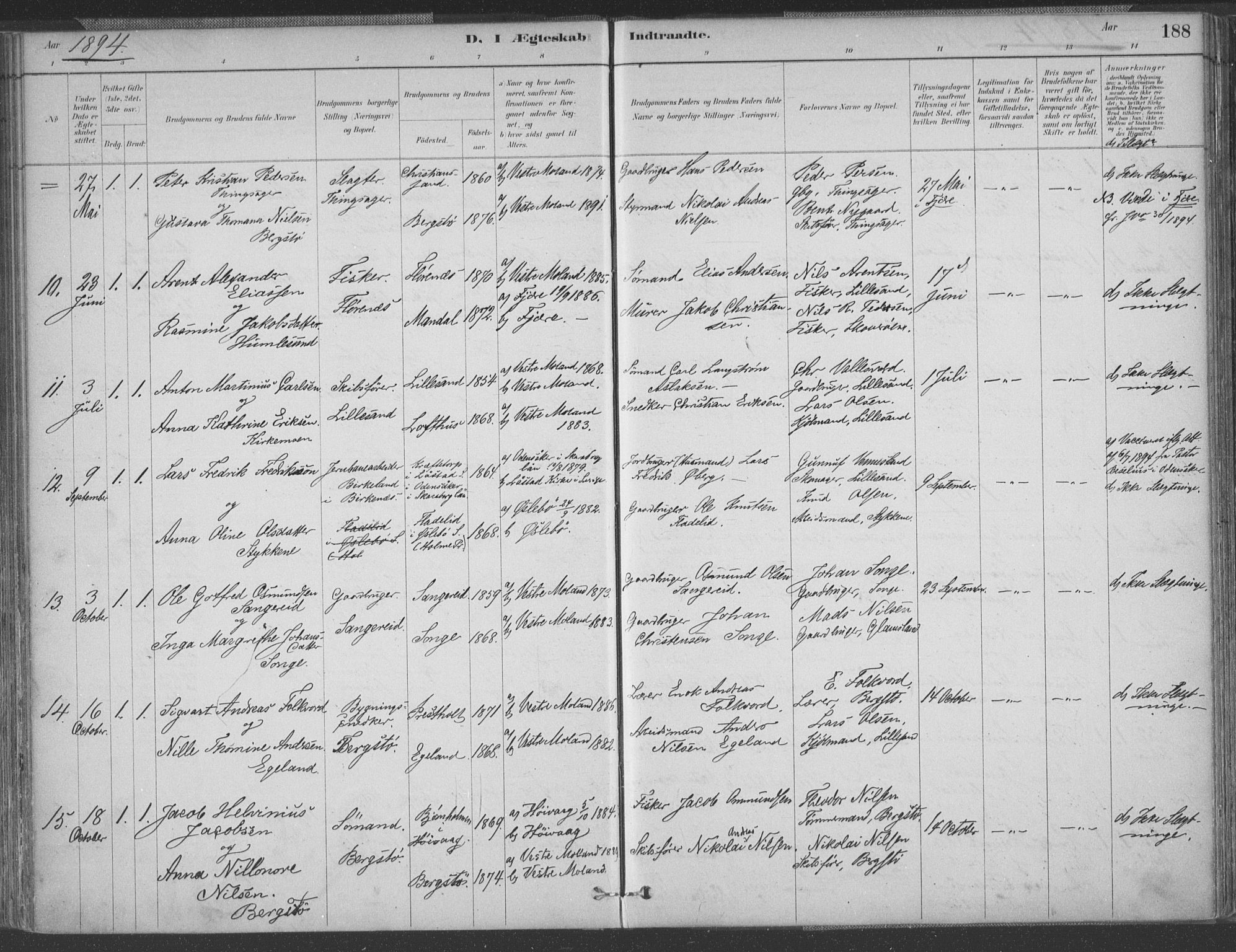 Vestre Moland sokneprestkontor, AV/SAK-1111-0046/F/Fa/Fab/L0009: Parish register (official) no. A 9, 1884-1899, p. 188