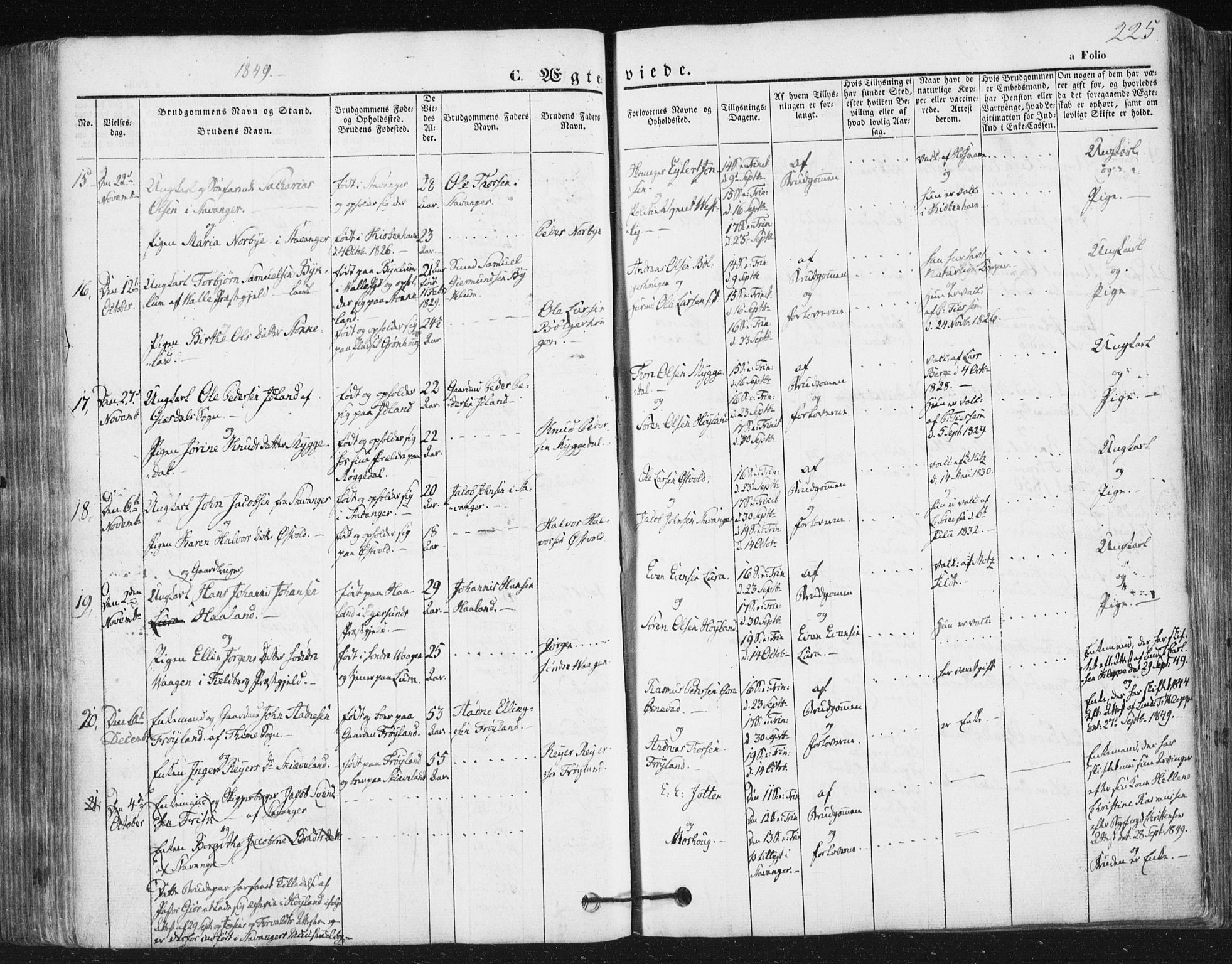 Høyland sokneprestkontor, SAST/A-101799/001/30BA/L0008: Parish register (official) no. A 8, 1841-1856, p. 225