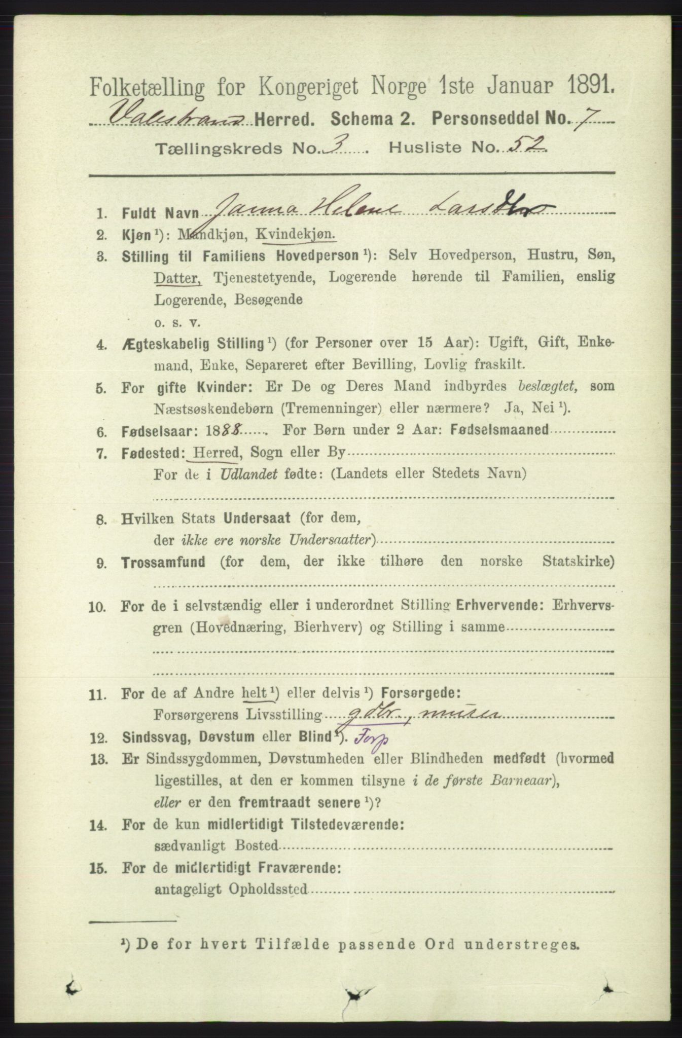 RA, 1891 census for 1217 Valestrand, 1891, p. 828