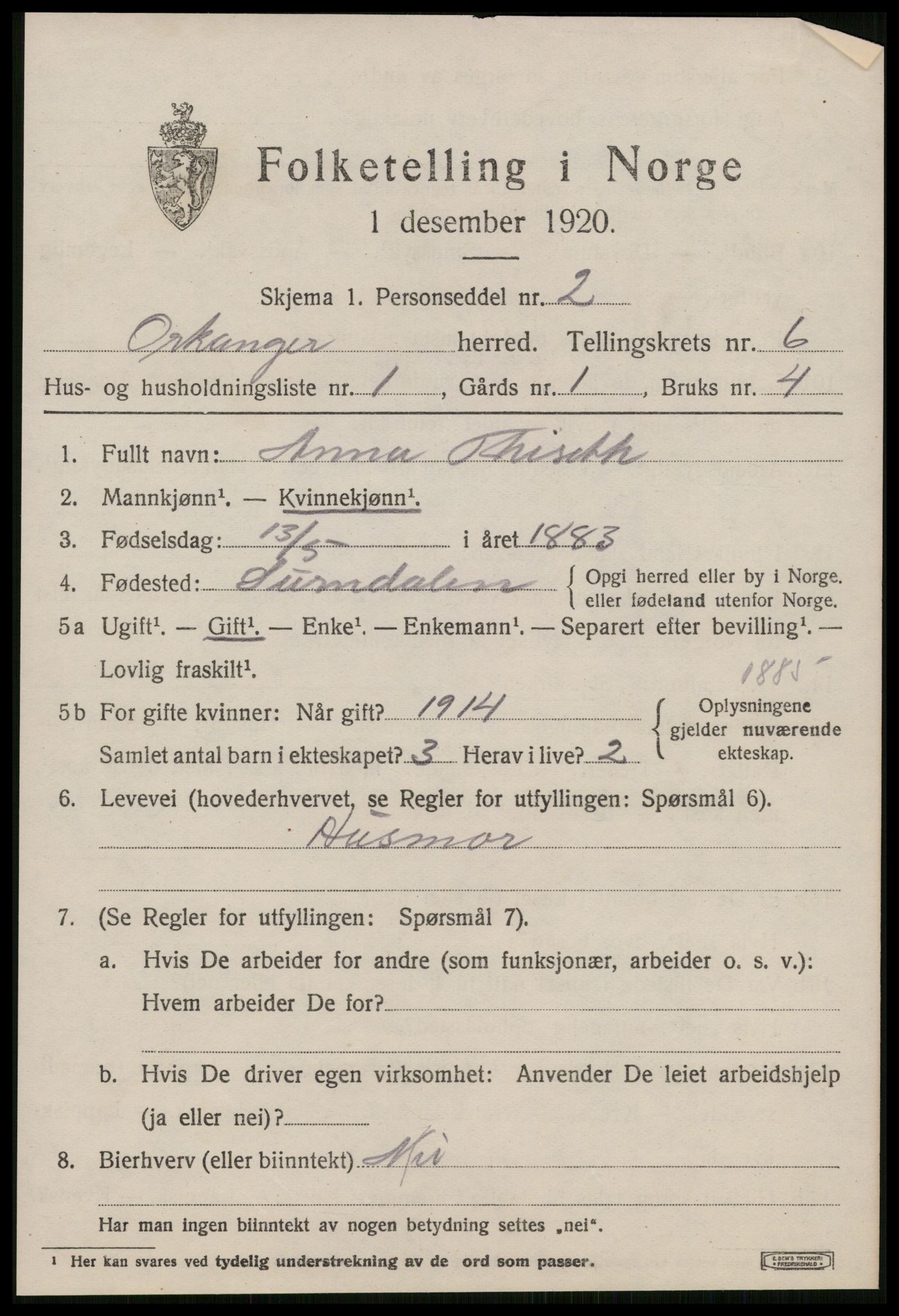 SAT, 1920 census for Orkanger, 1920, p. 3121