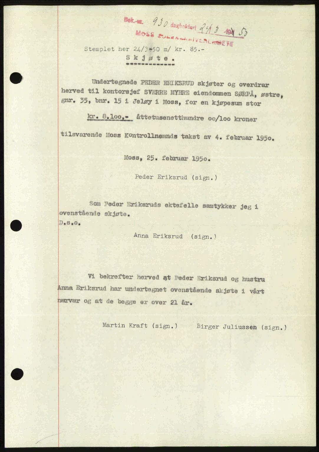 Moss sorenskriveri, SAO/A-10168: Mortgage book no. A25, 1950-1950, Diary no: : 930/1950