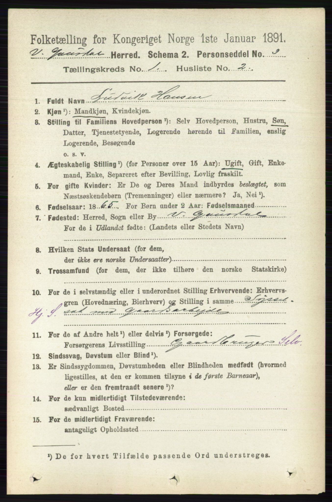 RA, 1891 census for 0523 Vestre Gausdal, 1891, p. 92