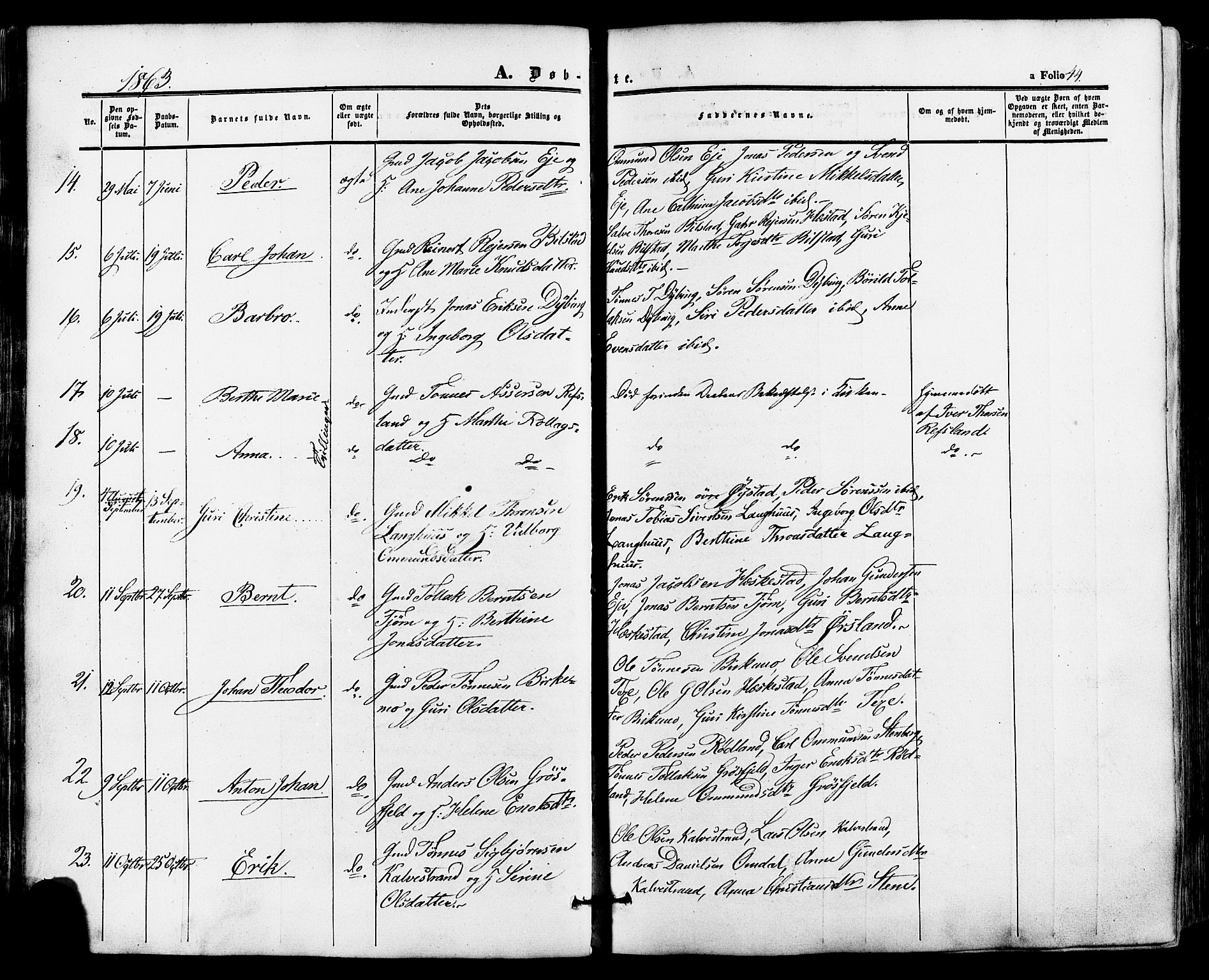 Lund sokneprestkontor, AV/SAST-A-101809/S06/L0010: Parish register (official) no. A 9, 1854-1886, p. 44