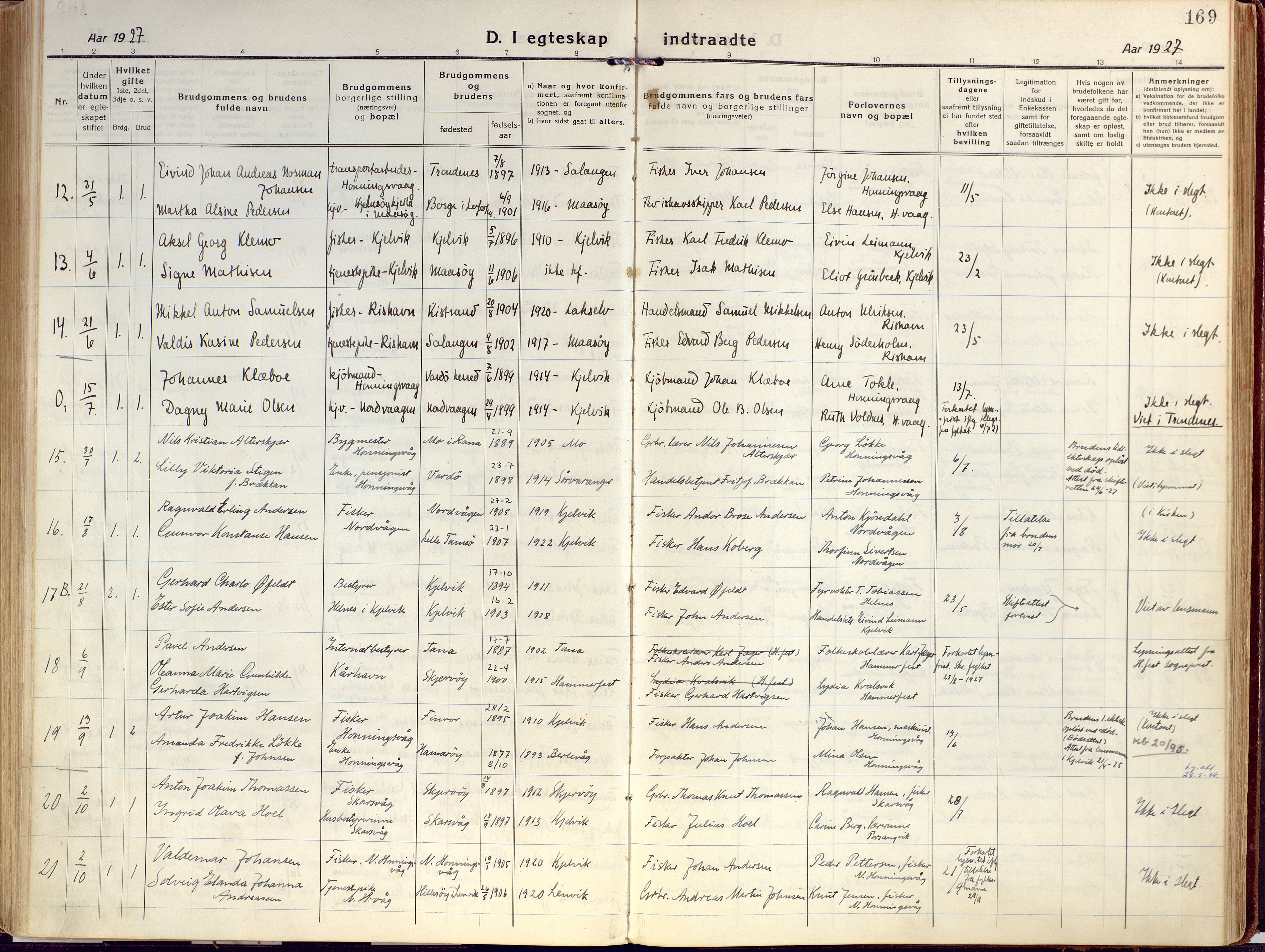 Kjelvik/Nordkapp sokneprestkontor, SATØ/S-1350/H/Ha/L0002kirke: Parish register (official) no. 2, 1920-1929, p. 169