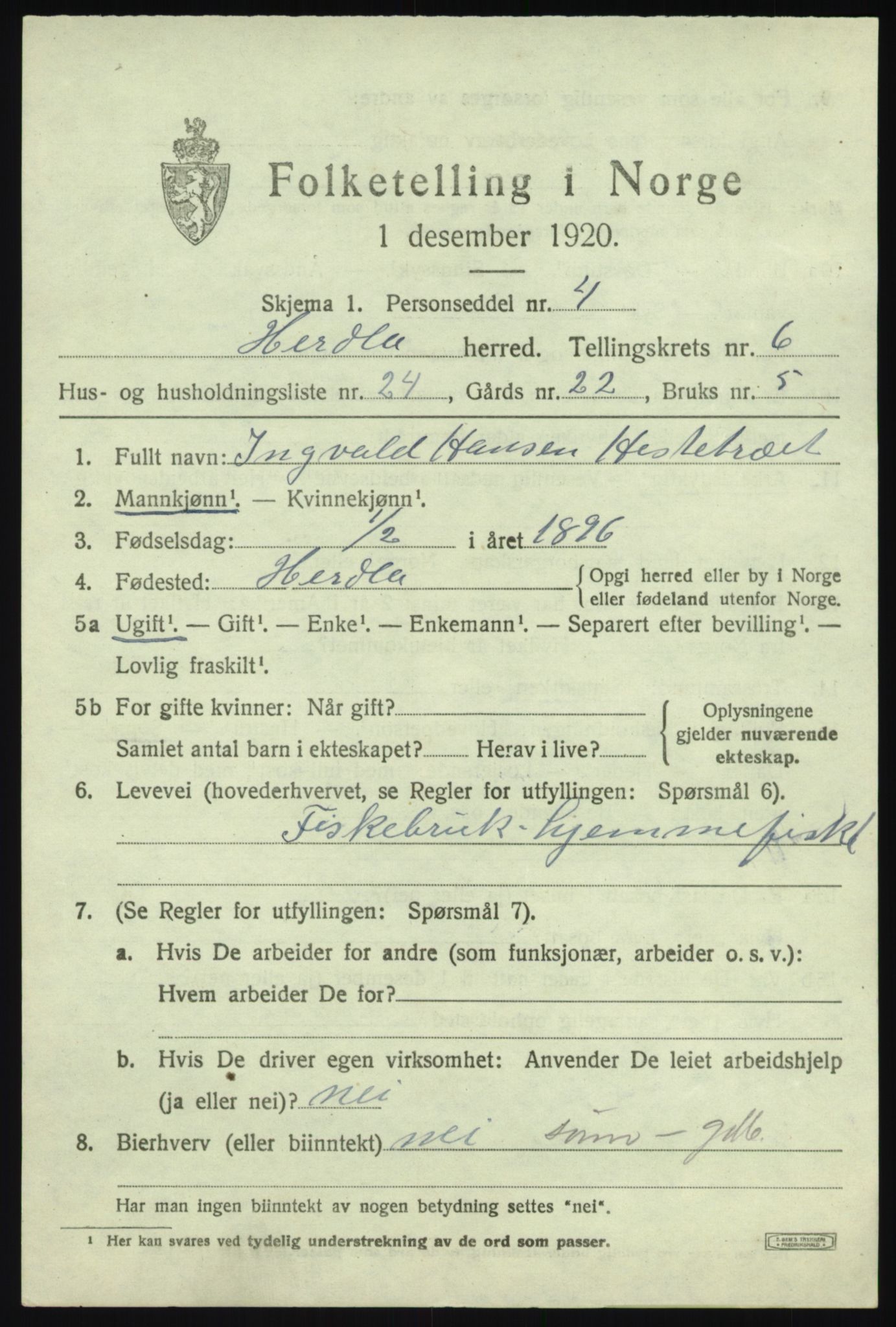 SAB, 1920 census for Herdla, 1920, p. 4705