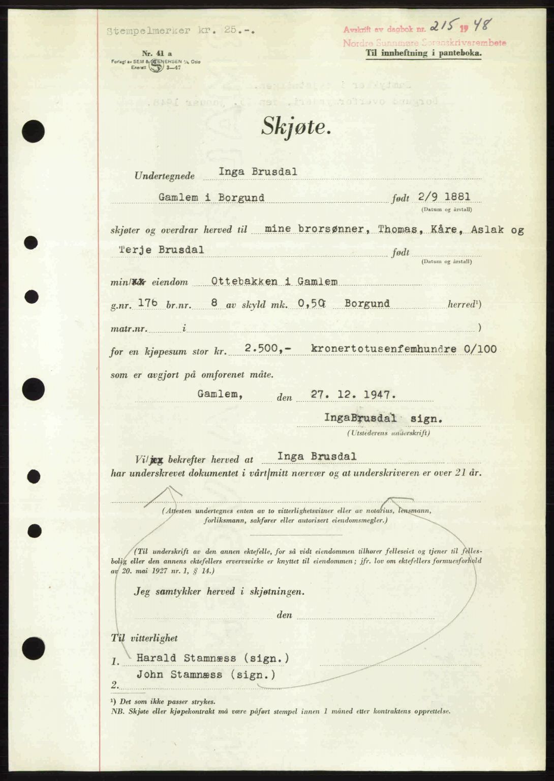 Nordre Sunnmøre sorenskriveri, AV/SAT-A-0006/1/2/2C/2Ca: Mortgage book no. A26, 1947-1948, Diary no: : 215/1948