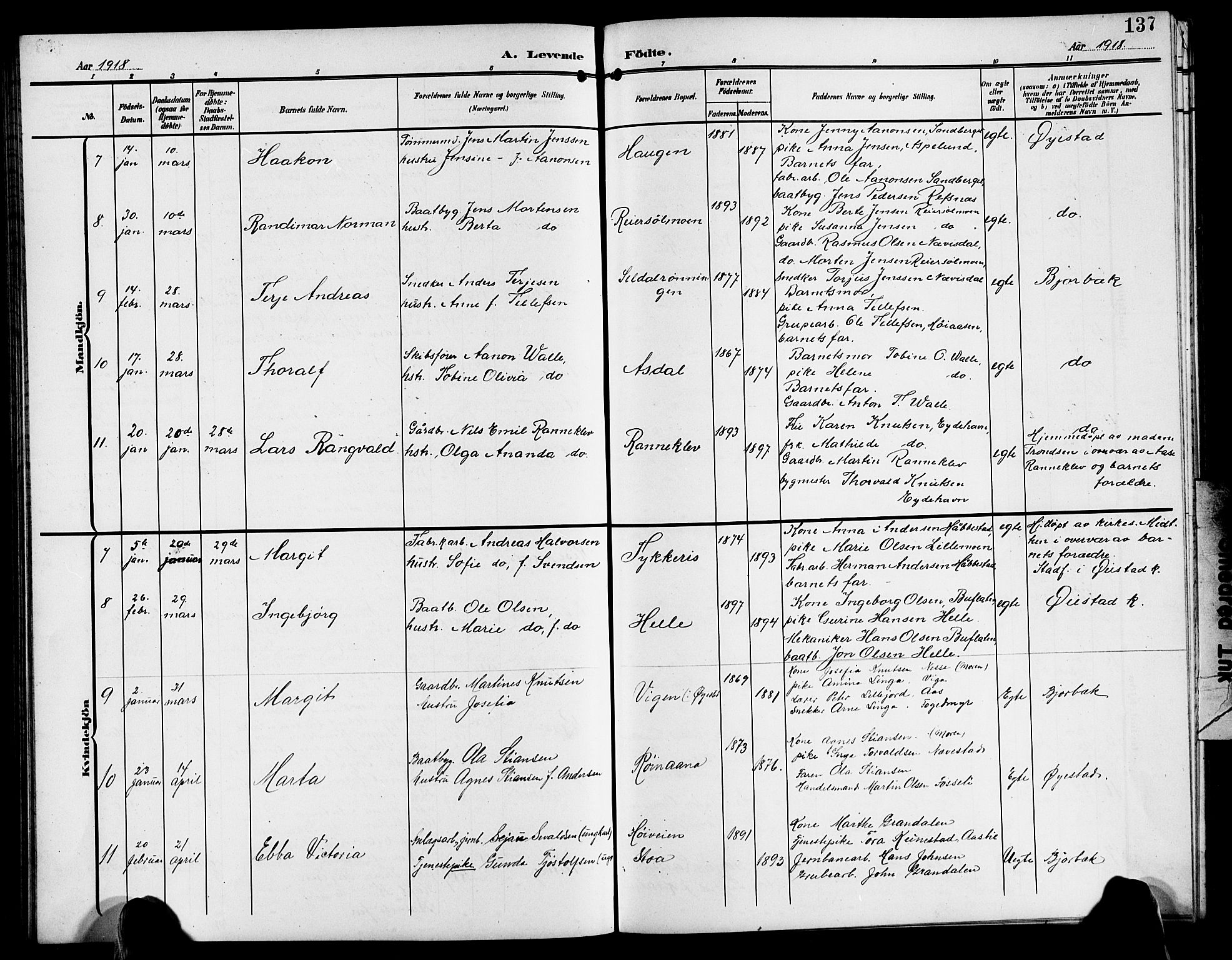 Øyestad sokneprestkontor, SAK/1111-0049/F/Fb/L0011: Parish register (copy) no. B 11, 1906-1918, p. 137
