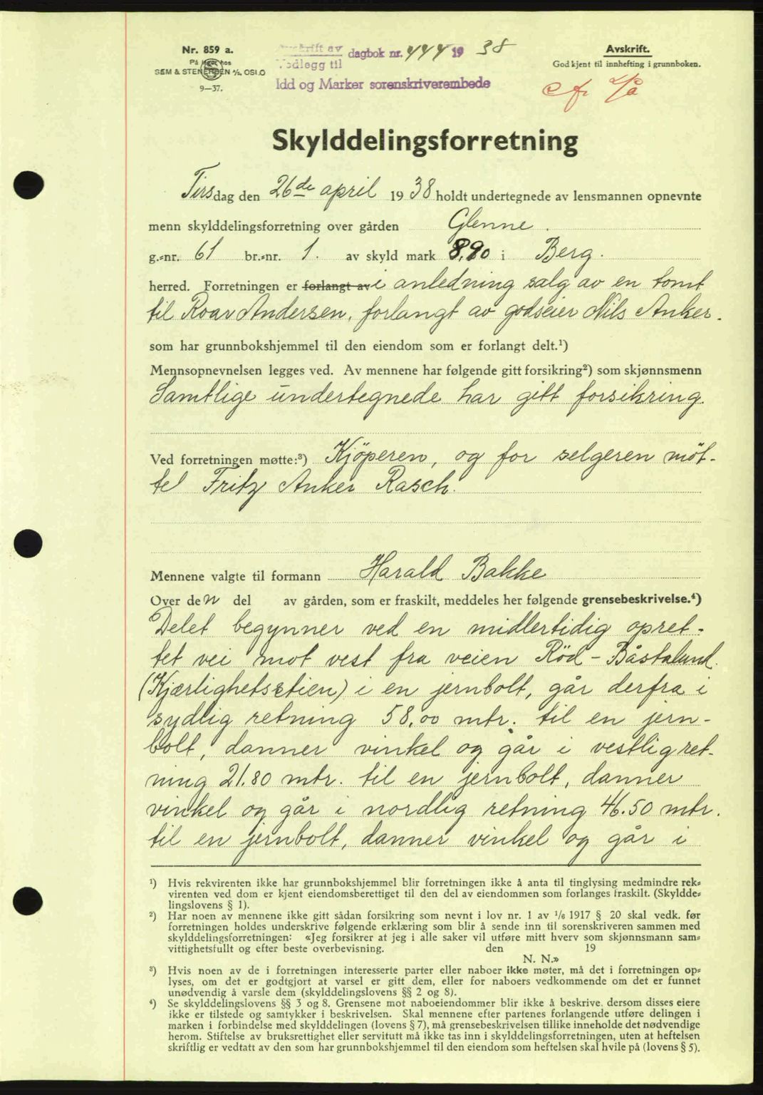 Idd og Marker sorenskriveri, AV/SAO-A-10283/G/Gb/Gbb/L0002: Mortgage book no. A2, 1937-1938, Diary no: : 444/1938