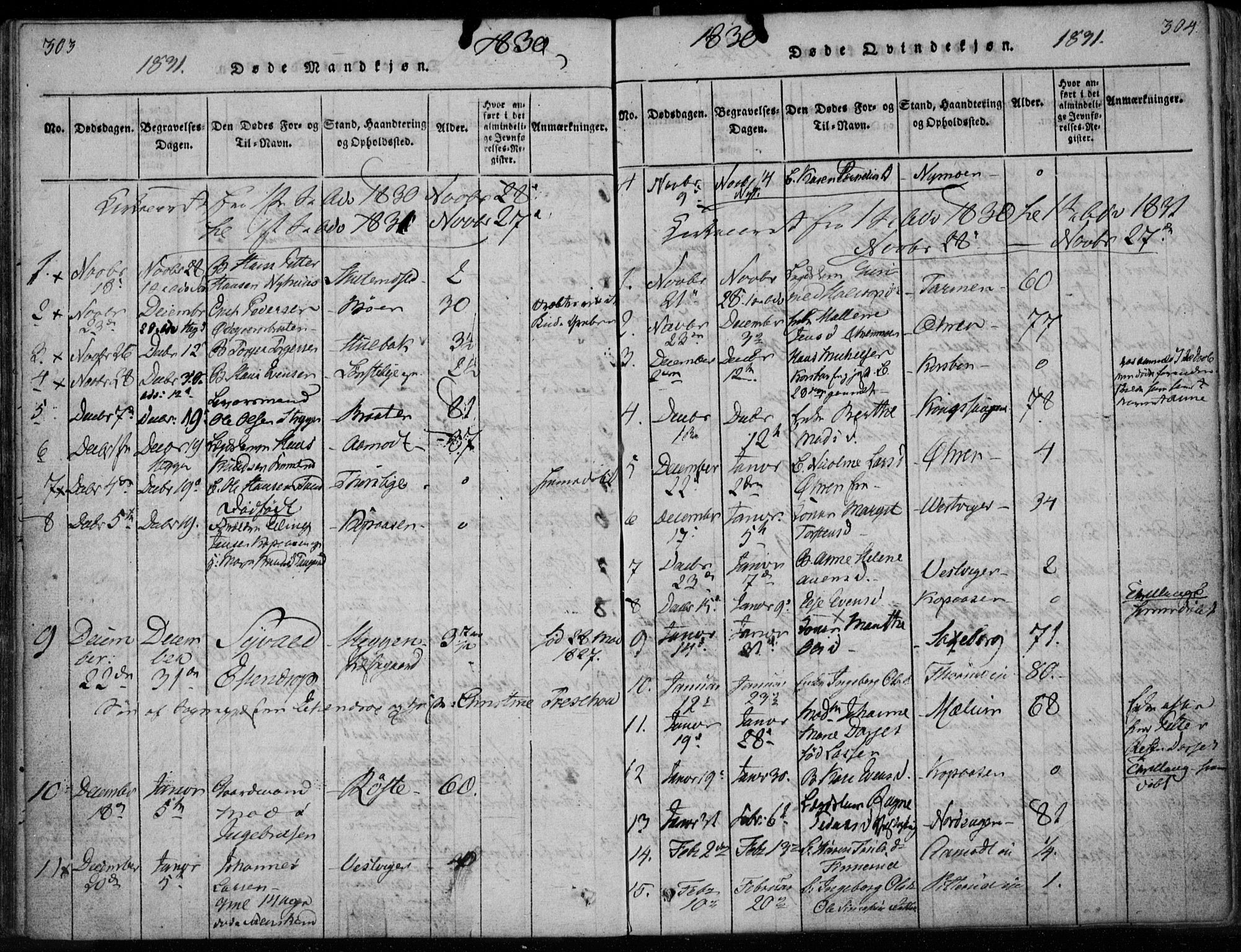 Modum kirkebøker, SAKO/A-234/F/Fa/L0005: Parish register (official) no. 5, 1824-1841, p. 303-304