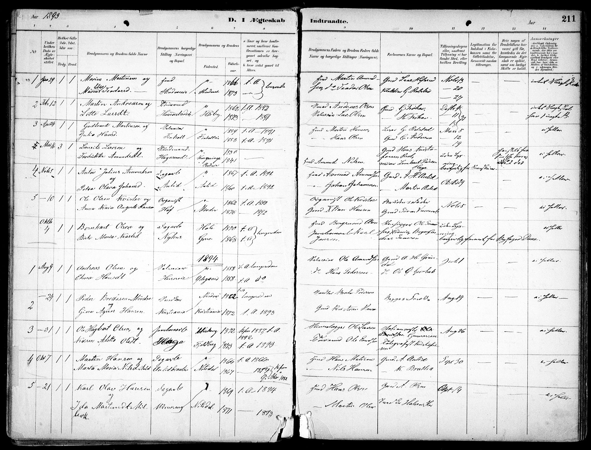 Nes prestekontor Kirkebøker, AV/SAO-A-10410/F/Fc/L0002: Parish register (official) no. IIi 2, 1882-1916, p. 211