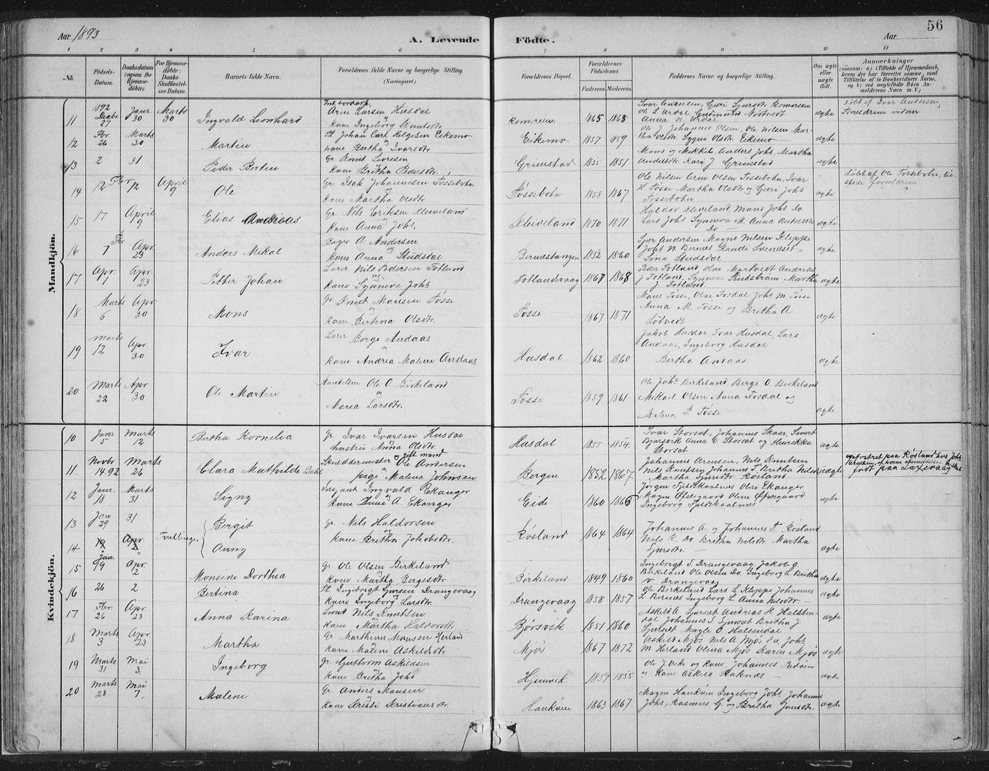 Hosanger sokneprestembete, SAB/A-75801/H/Hab: Parish register (copy) no. A 3 I, 1882-1903, p. 56