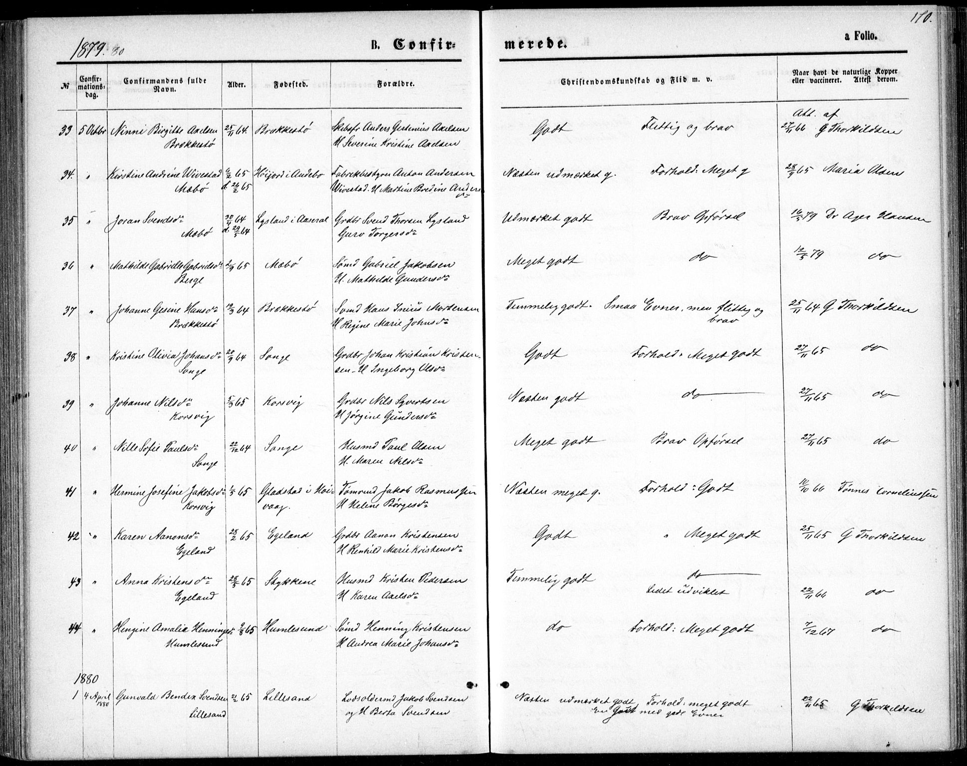 Vestre Moland sokneprestkontor, AV/SAK-1111-0046/F/Fb/Fbb/L0005: Parish register (copy) no. B 5, 1872-1883, p. 170