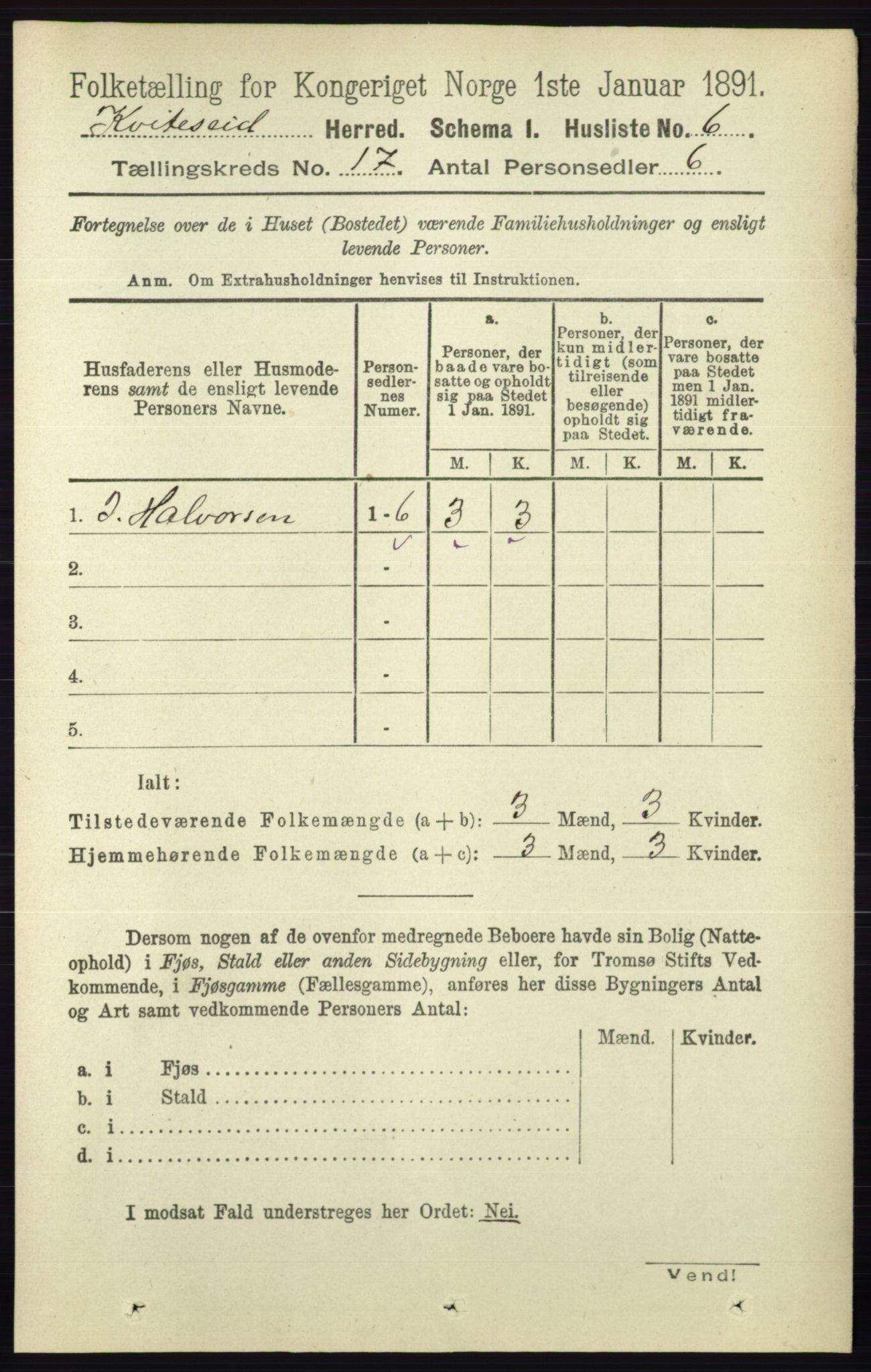 RA, 1891 census for 0829 Kviteseid, 1891, p. 3759