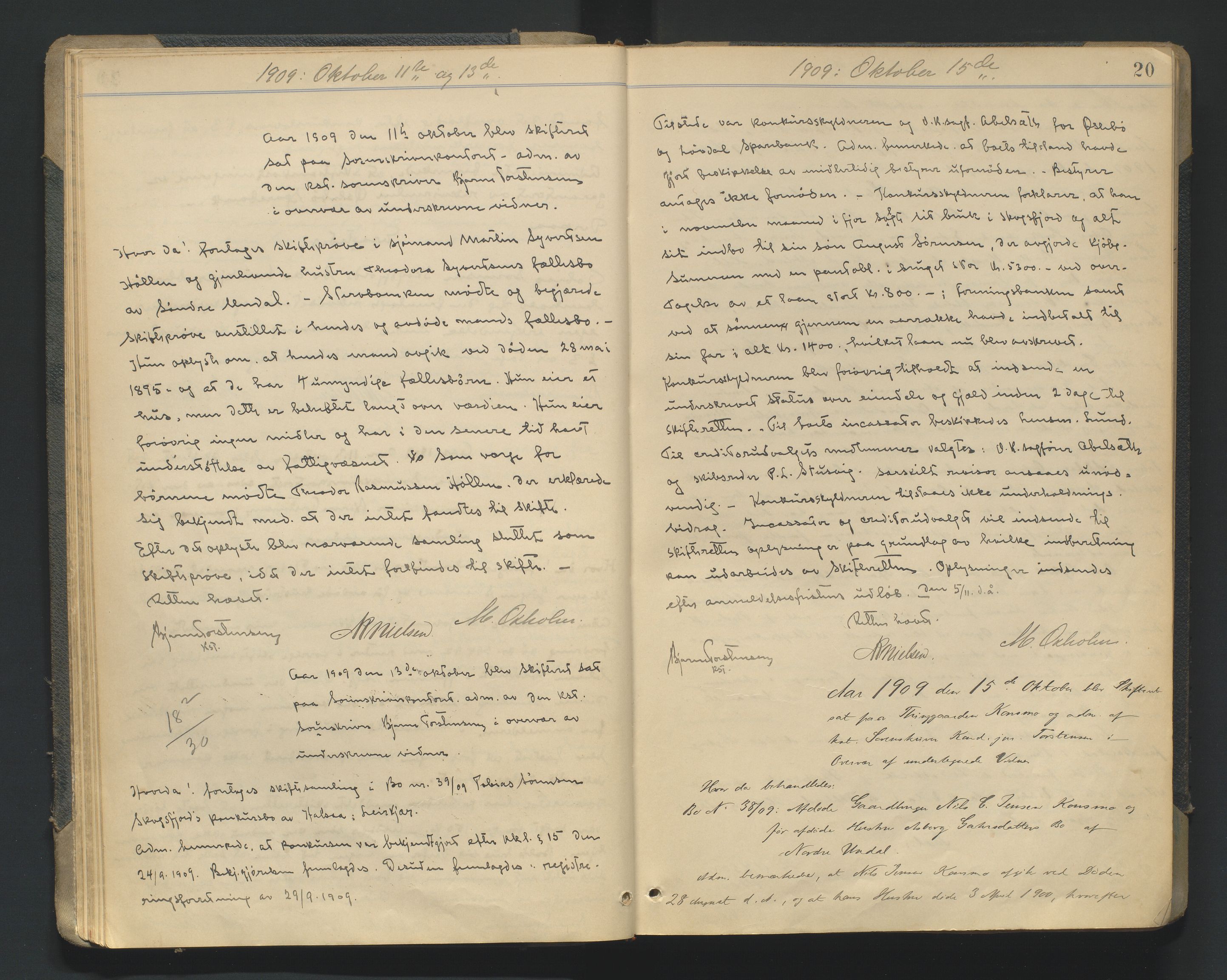 Mandal sorenskriveri, AV/SAK-1221-0005/001/H/Hc/L0081: Skifteforhandlingsprotokoll nr 13, 1909-1913, p. 20