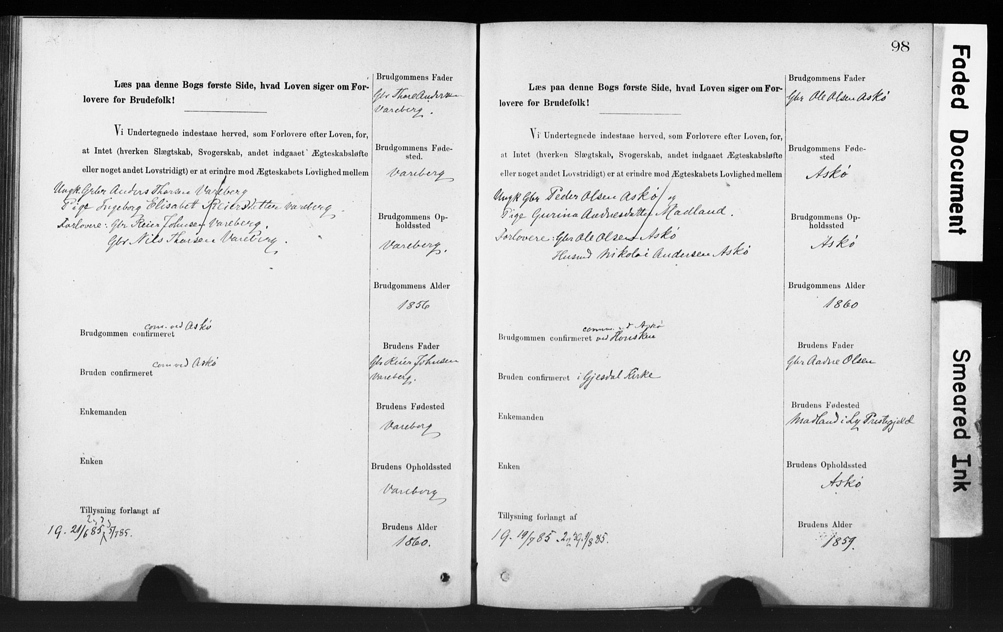 Rennesøy sokneprestkontor, AV/SAST-A -101827/I/Ie/L0001: Banns register no. 1, 1873-1898, p. 98