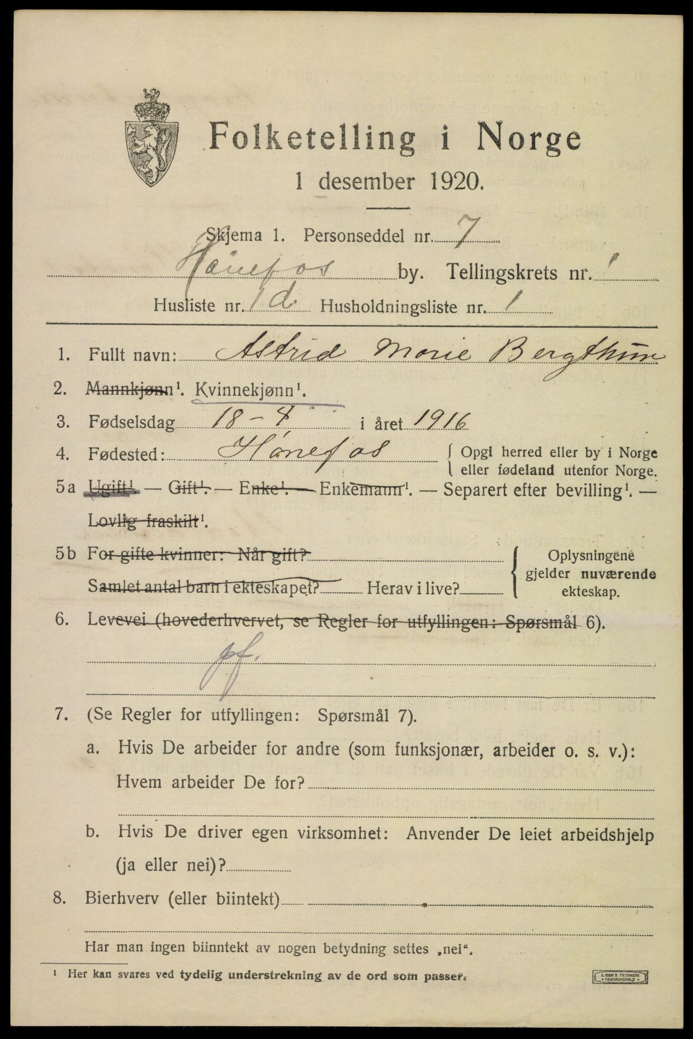 SAKO, 1920 census for Hønefoss, 1920, p. 2346