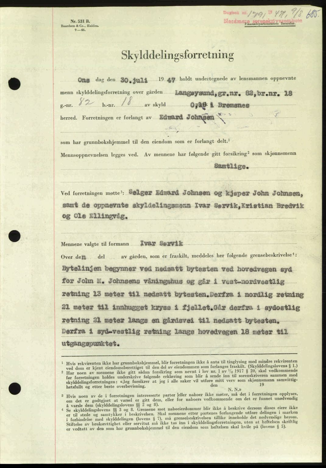 Nordmøre sorenskriveri, AV/SAT-A-4132/1/2/2Ca: Mortgage book no. A105, 1947-1947, Diary no: : 1791/1947