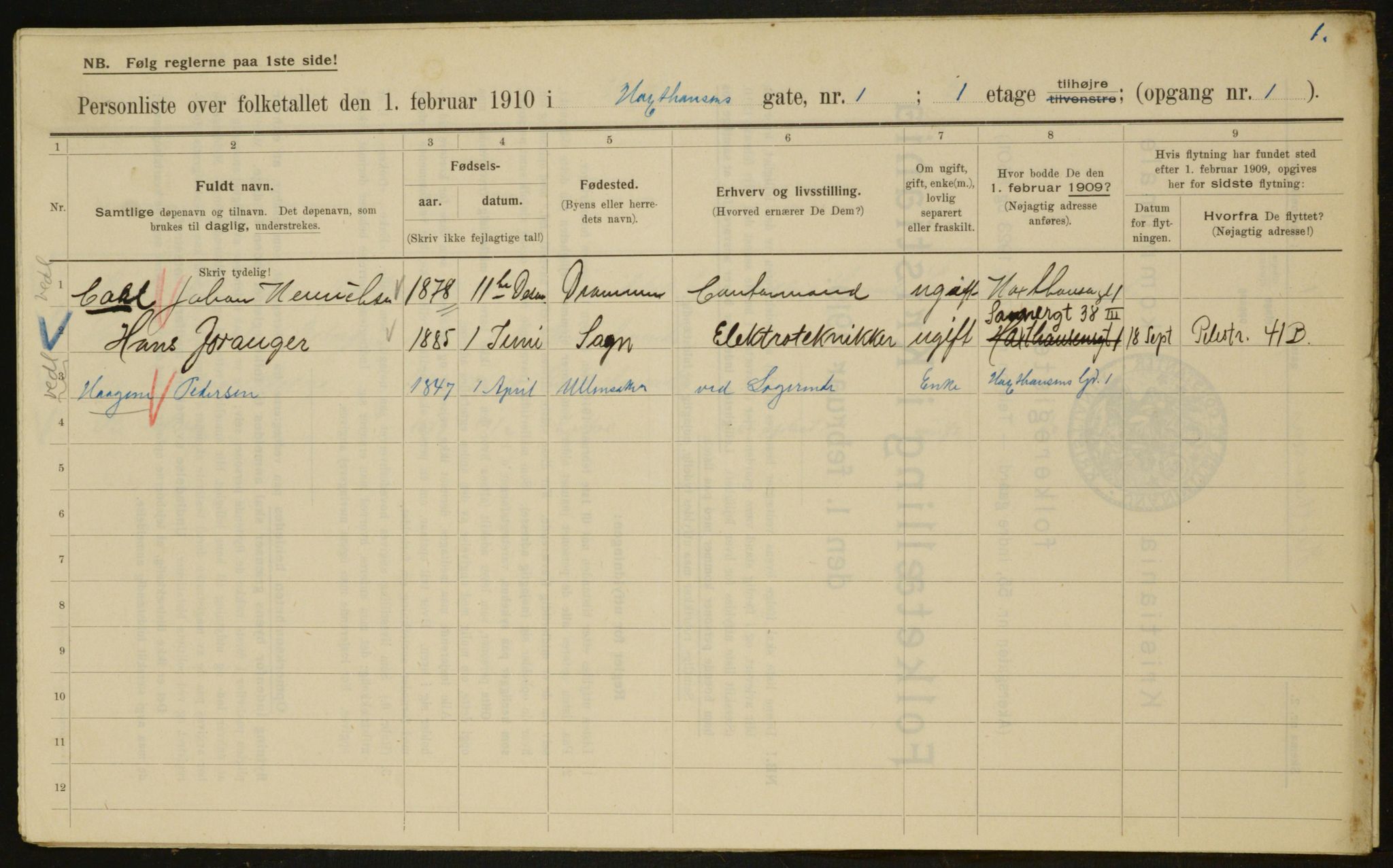 OBA, Municipal Census 1910 for Kristiania, 1910, p. 34377