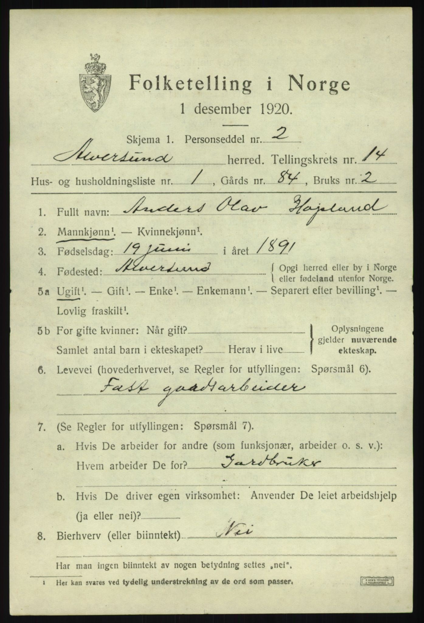 SAB, 1920 census for Alversund, 1920, p. 7670