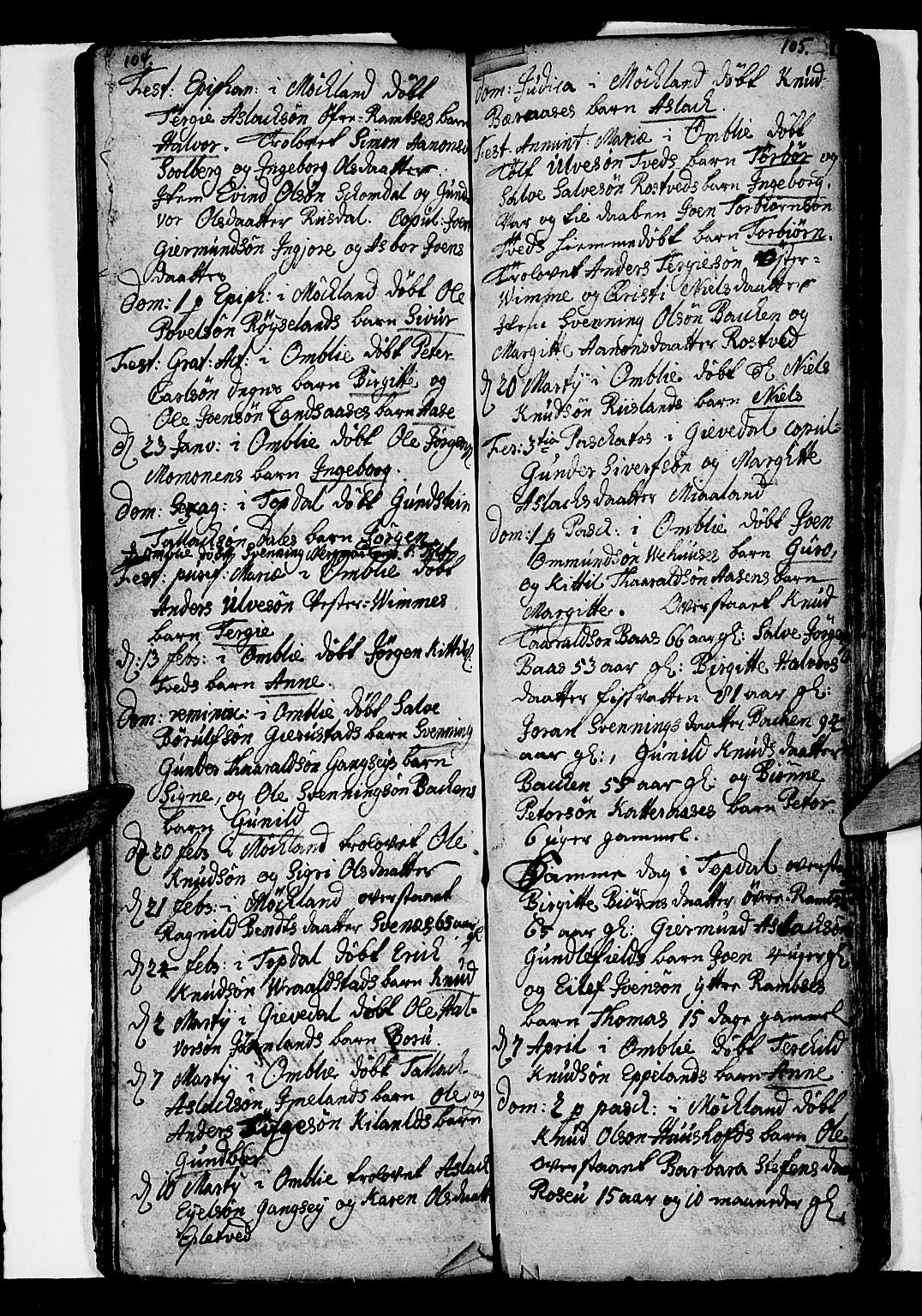 Åmli sokneprestkontor, AV/SAK-1111-0050/F/Fa/Fac/L0001: Parish register (official) no. A 1, 1711-1740, p. 104-105