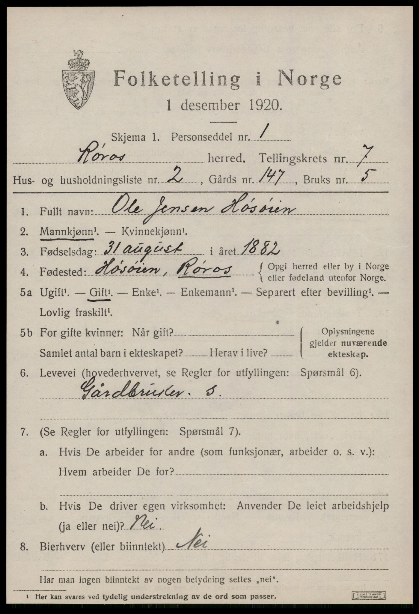 SAT, 1920 census for Røros, 1920, p. 6920