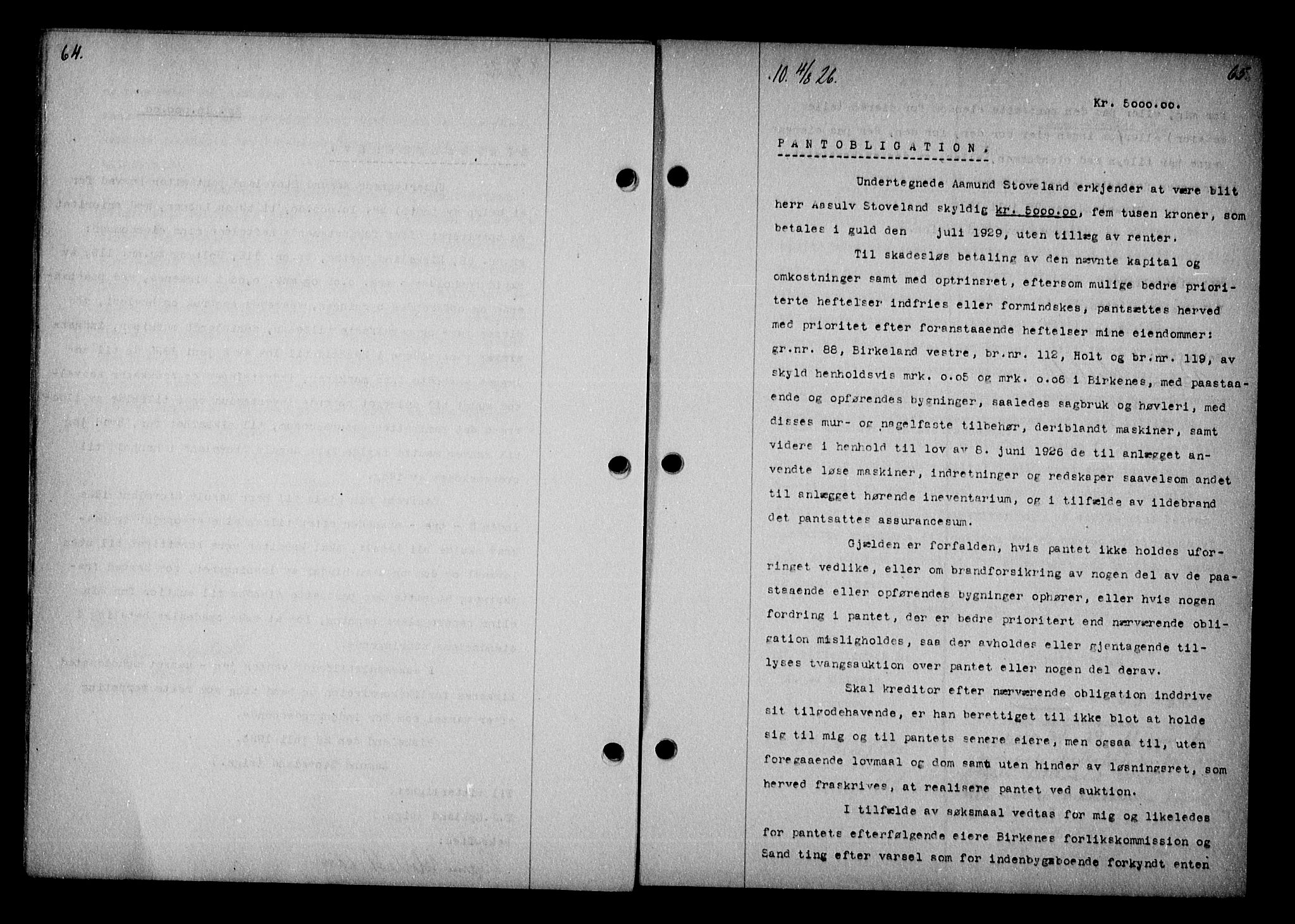 Vestre Nedenes/Sand sorenskriveri, AV/SAK-1221-0010/G/Gb/Gba/L0036: Mortgage book no. 62, 1926-1928, p. 64-65
