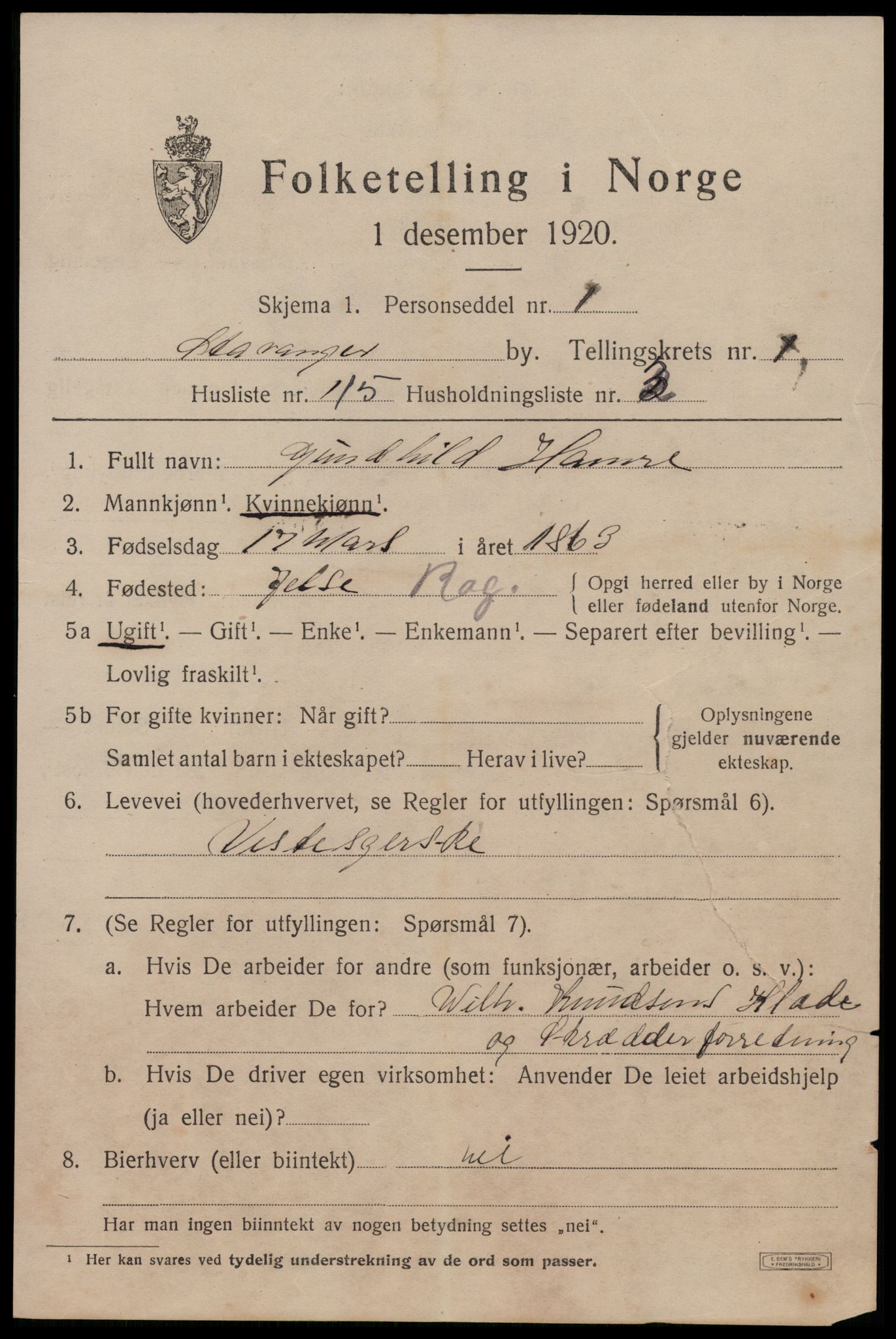 SAST, 1920 census for Stavanger, 1920, p. 47068