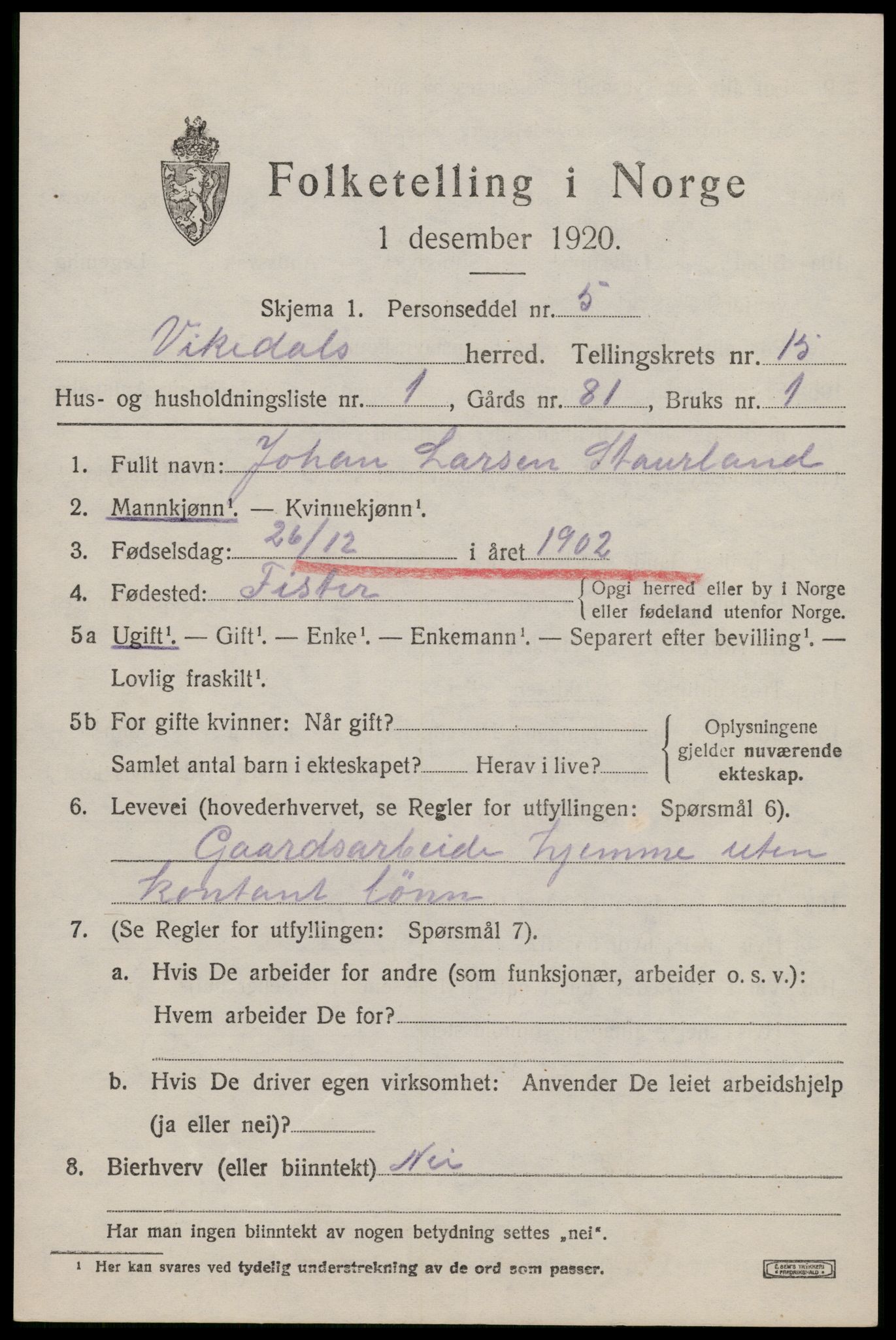 SAST, 1920 census for Vikedal, 1920, p. 4557