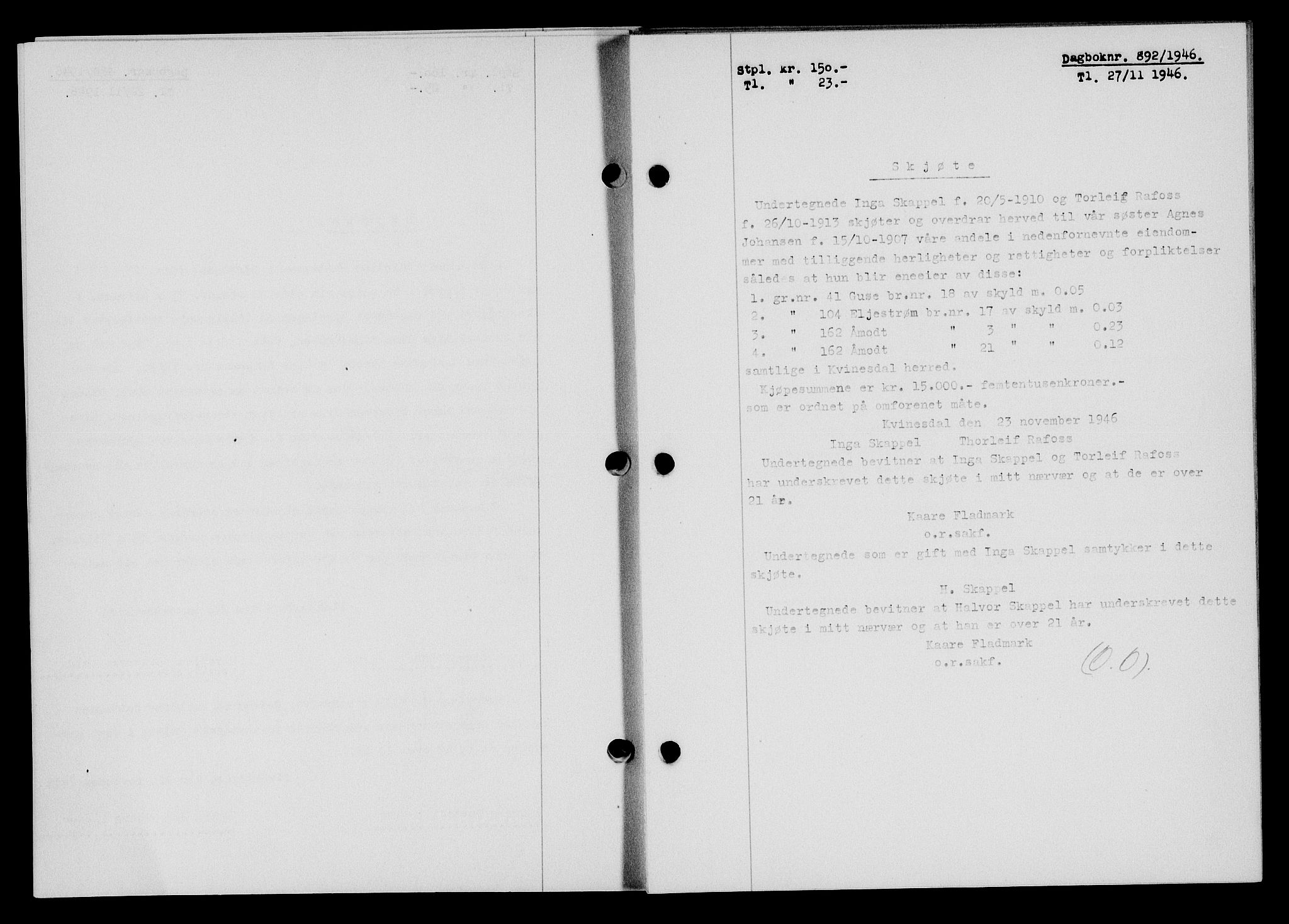 Flekkefjord sorenskriveri, SAK/1221-0001/G/Gb/Gba/L0061: Mortgage book no. A-9, 1946-1947, Diary no: : 892/1946