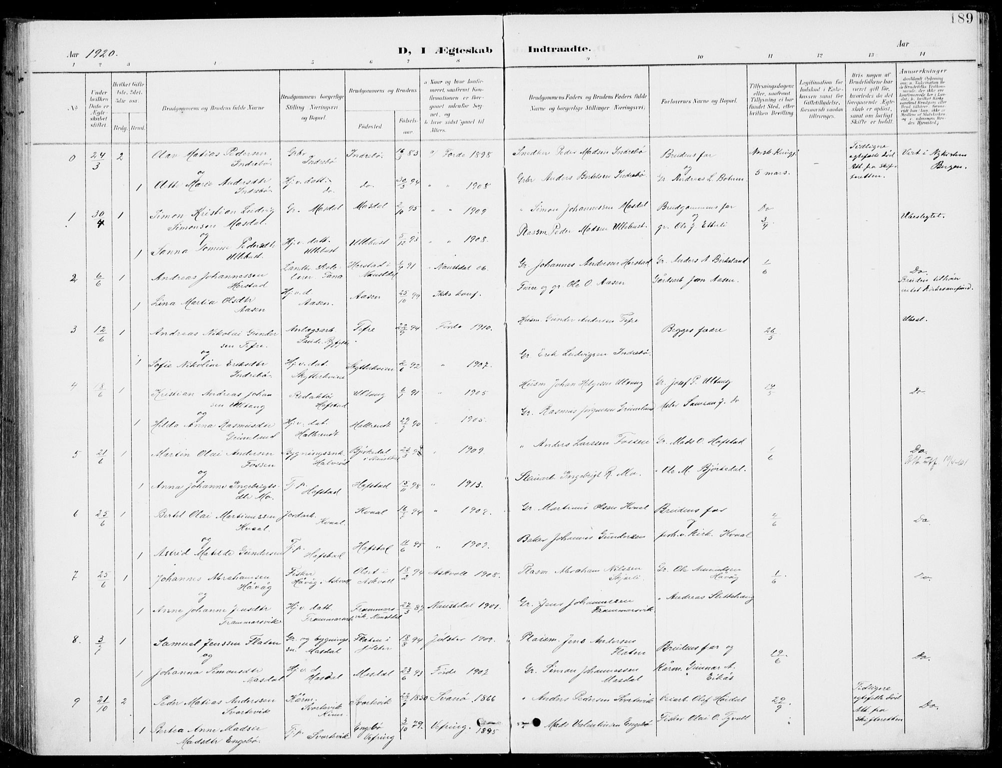 Førde sokneprestembete, SAB/A-79901/H/Haa/Haab/L0002: Parish register (official) no. B  2, 1899-1920, p. 189