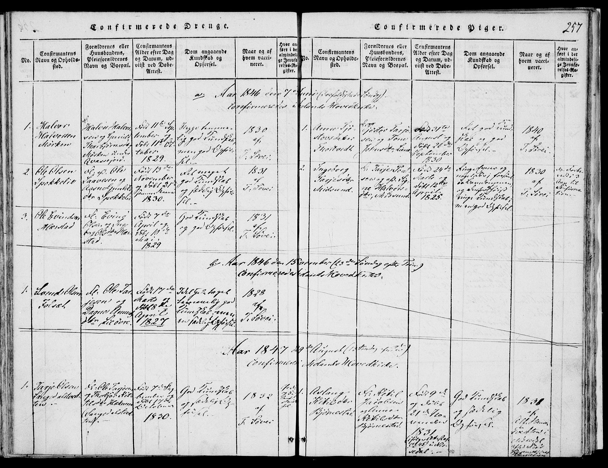 Fyresdal kirkebøker, SAKO/A-263/F/Fb/L0001: Parish register (official) no. II 1, 1815-1854, p. 257