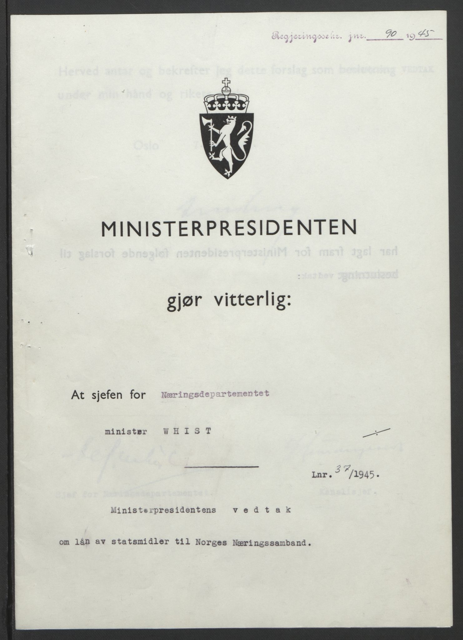 NS-administrasjonen 1940-1945 (Statsrådsekretariatet, de kommisariske statsråder mm), AV/RA-S-4279/D/Db/L0101/0001: -- / Lover og vedtak, 1945, p. 261