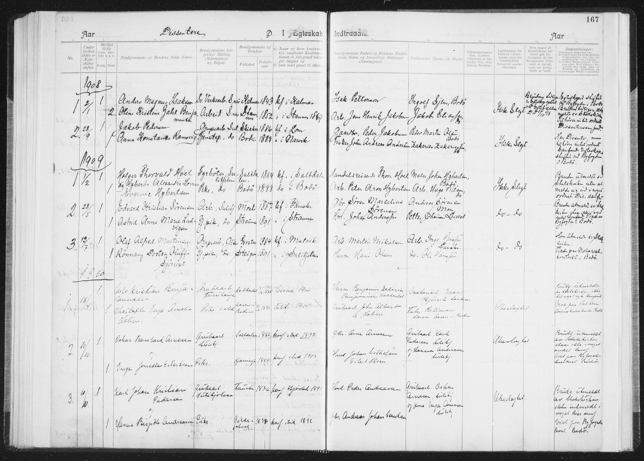 Ministerialprotokoller, klokkerbøker og fødselsregistre - Nordland, SAT/A-1459/850/L0711: Curate's parish register no. 850B01, 1902-1915, p. 167