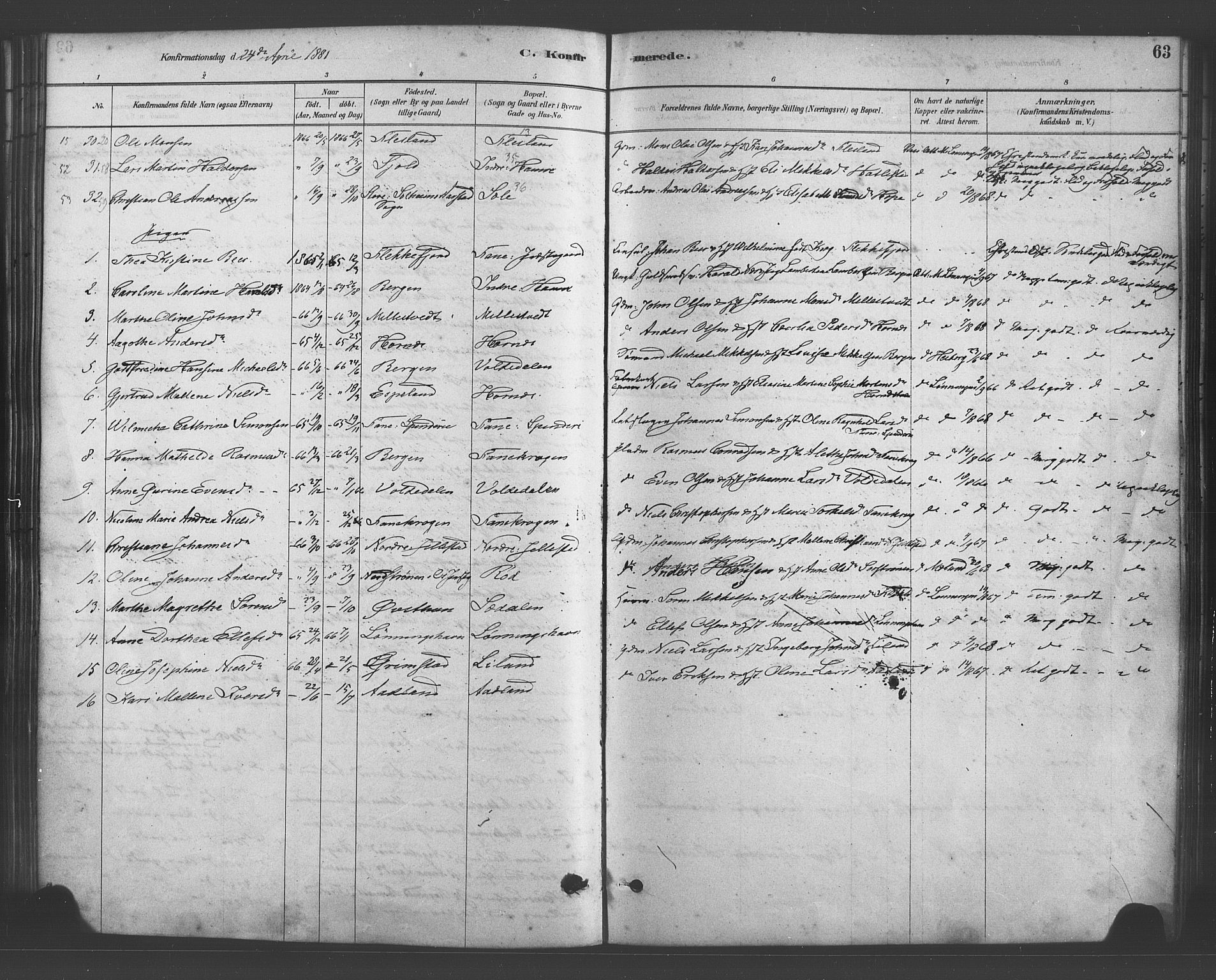 Fana Sokneprestembete, AV/SAB-A-75101/H/Haa/Haab/L0001: Parish register (official) no. B 1, 1878-1889, p. 63