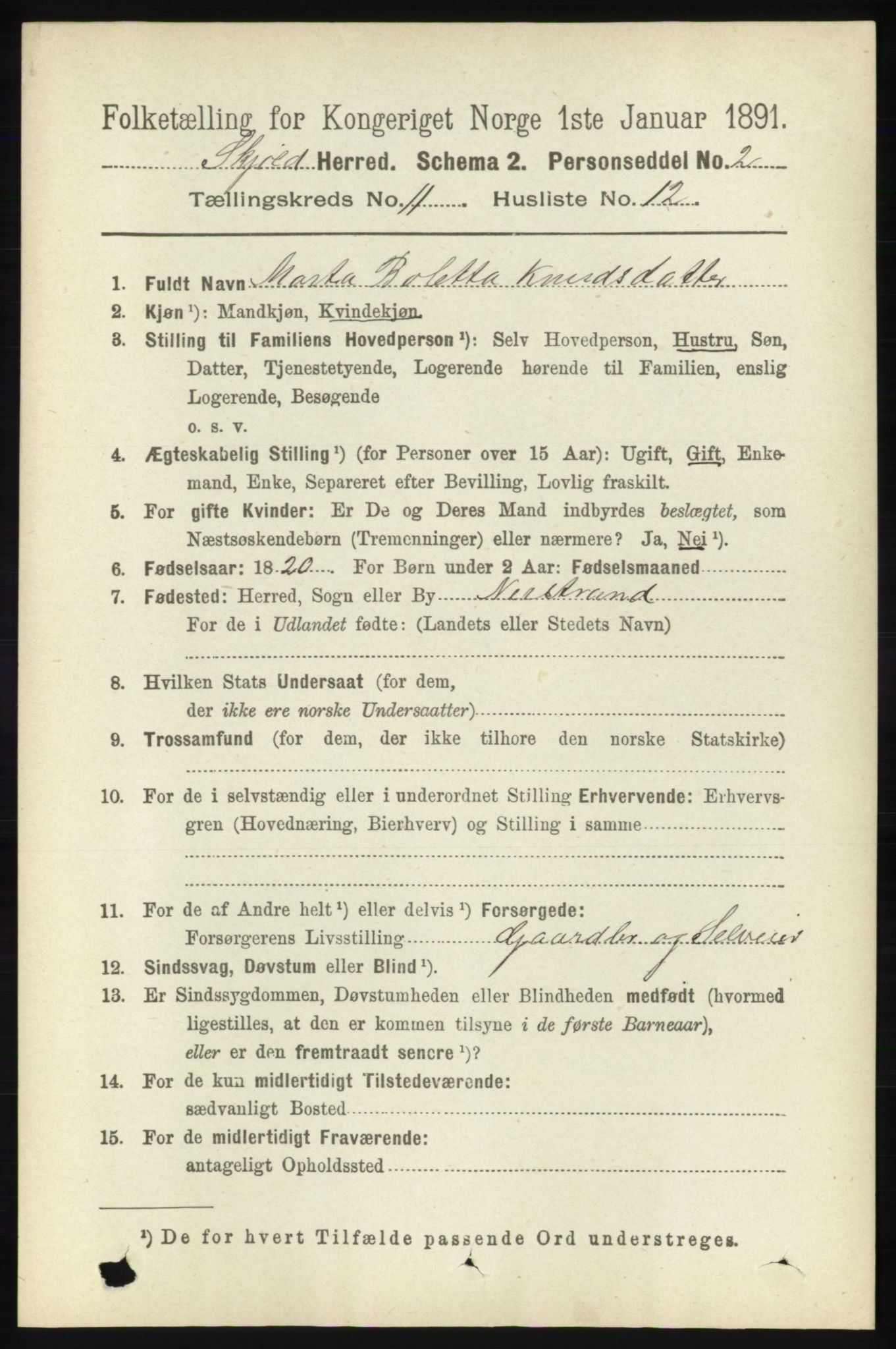 RA, 1891 census for 1154 Skjold, 1891, p. 2122