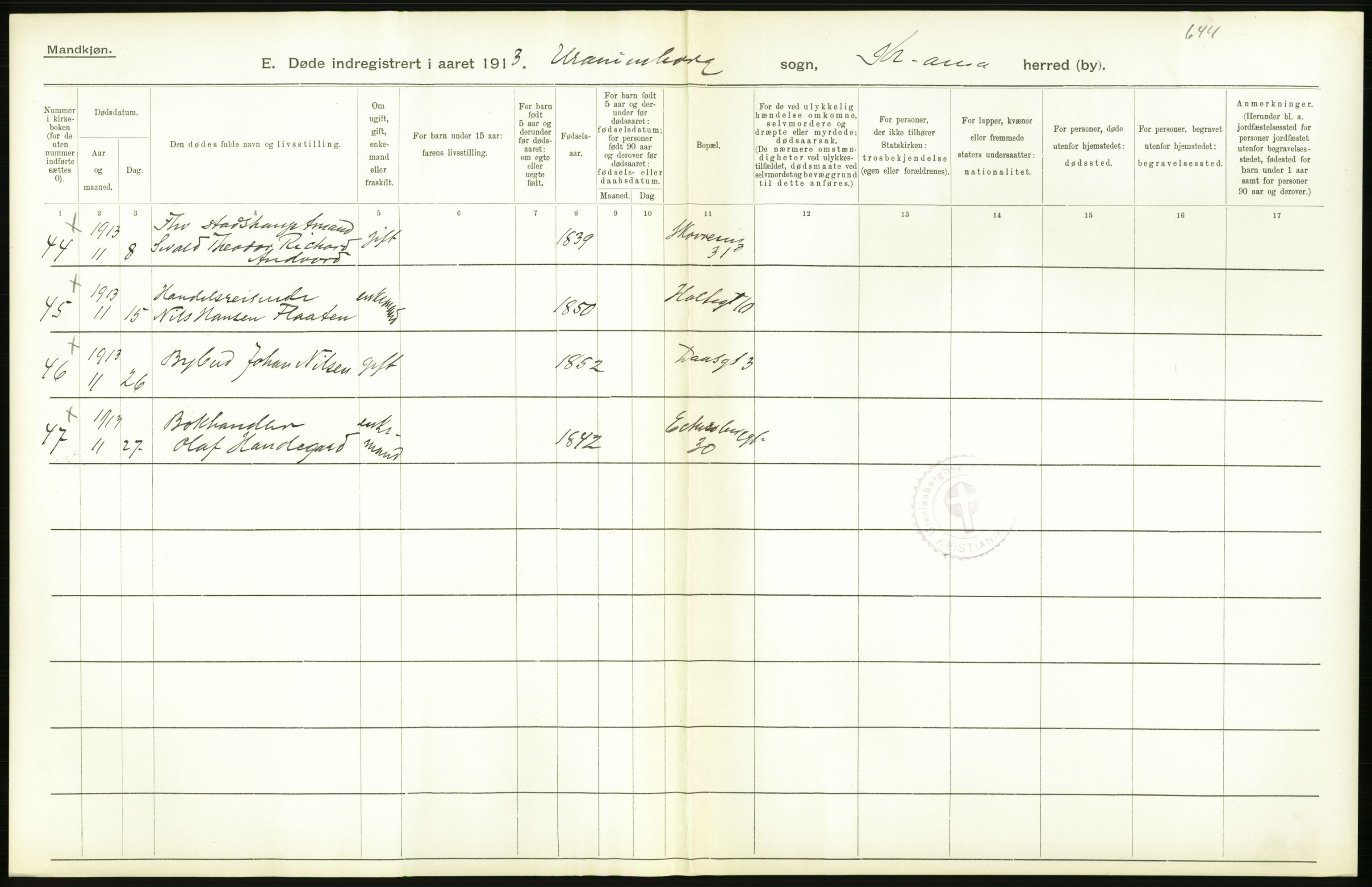 Statistisk sentralbyrå, Sosiodemografiske emner, Befolkning, AV/RA-S-2228/D/Df/Dfb/Dfbc/L0009: Kristiania: Døde., 1913, p. 448