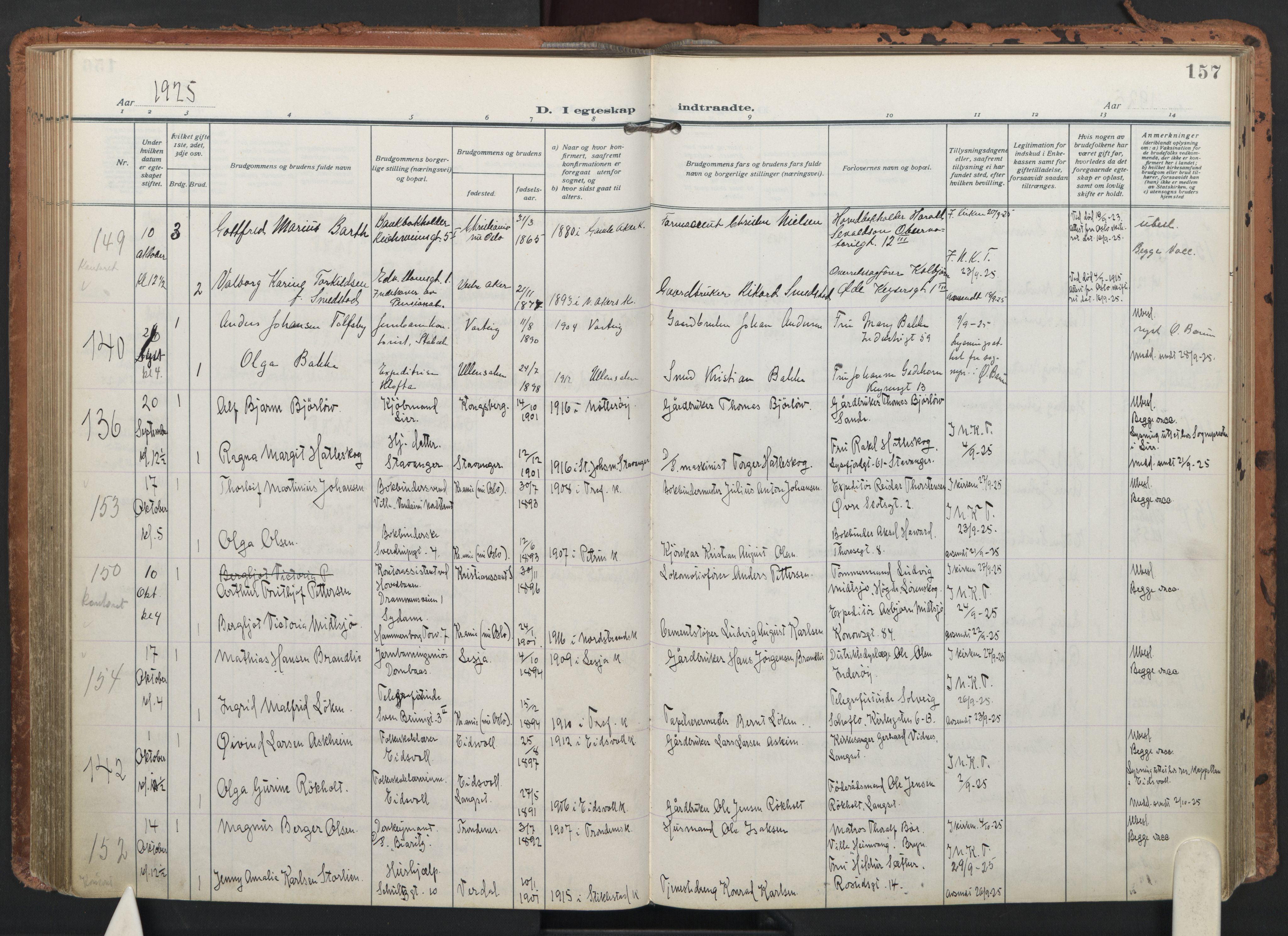 Trefoldighet prestekontor Kirkebøker, AV/SAO-A-10882/F/Fc/L0008: Parish register (official) no. III 8, 1920-1932, p. 157