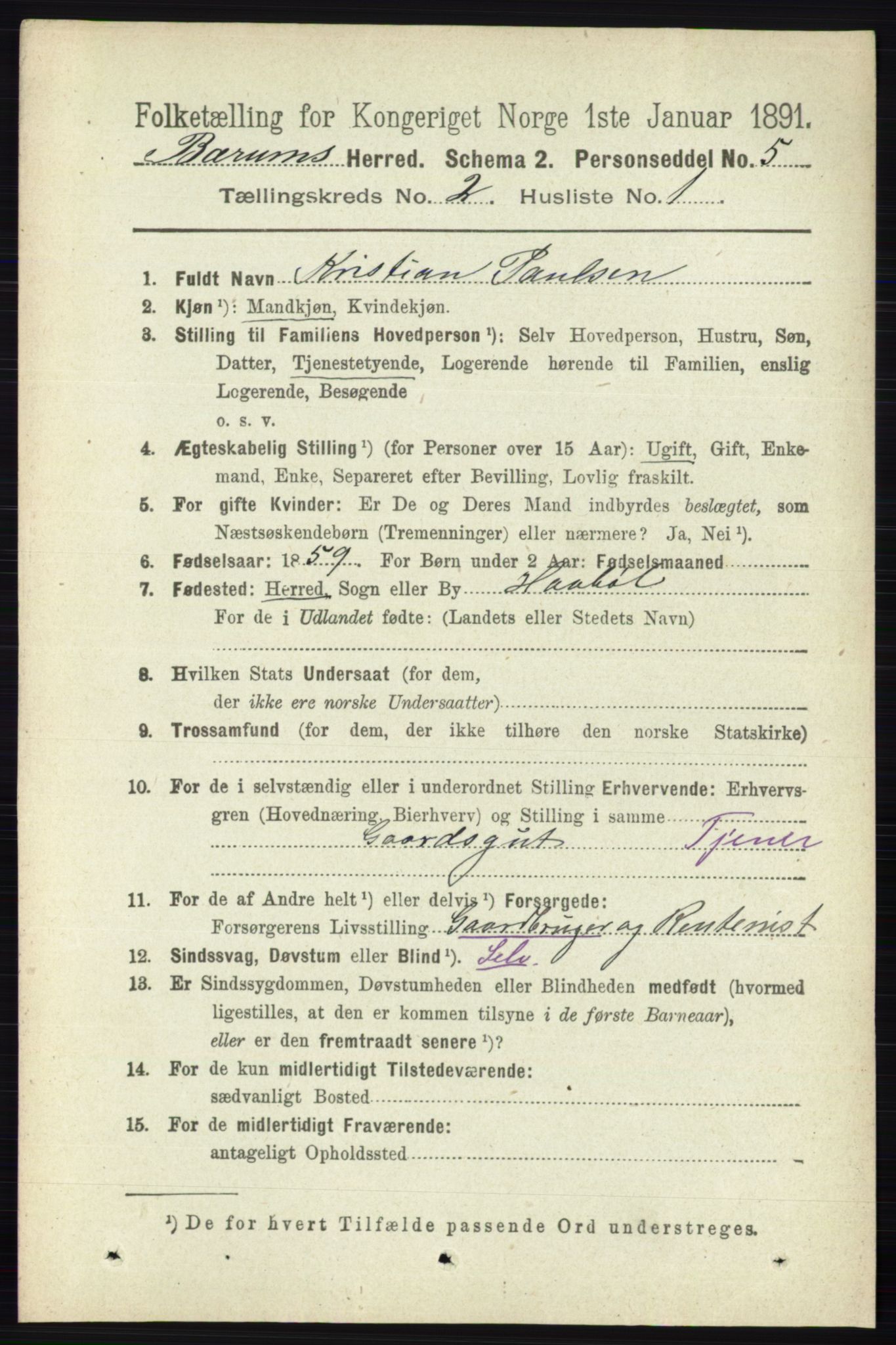 RA, 1891 census for 0219 Bærum, 1891, p. 1077