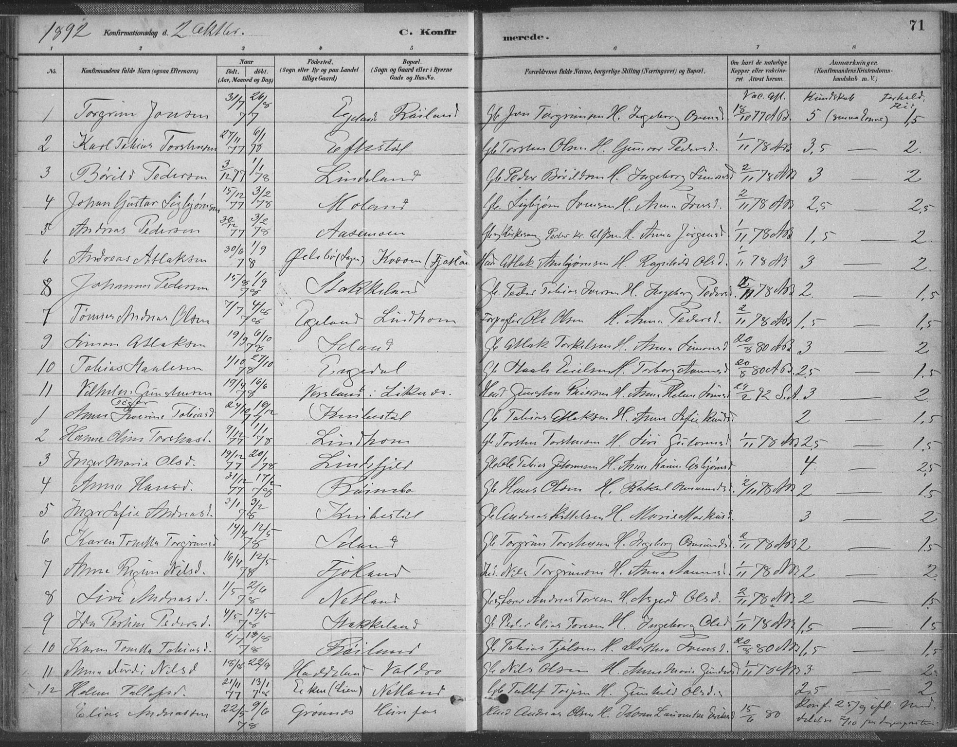 Fjotland sokneprestkontor, SAK/1111-0010/F/Fa/L0002: Parish register (official) no. A 2, 1880-1898, p. 71