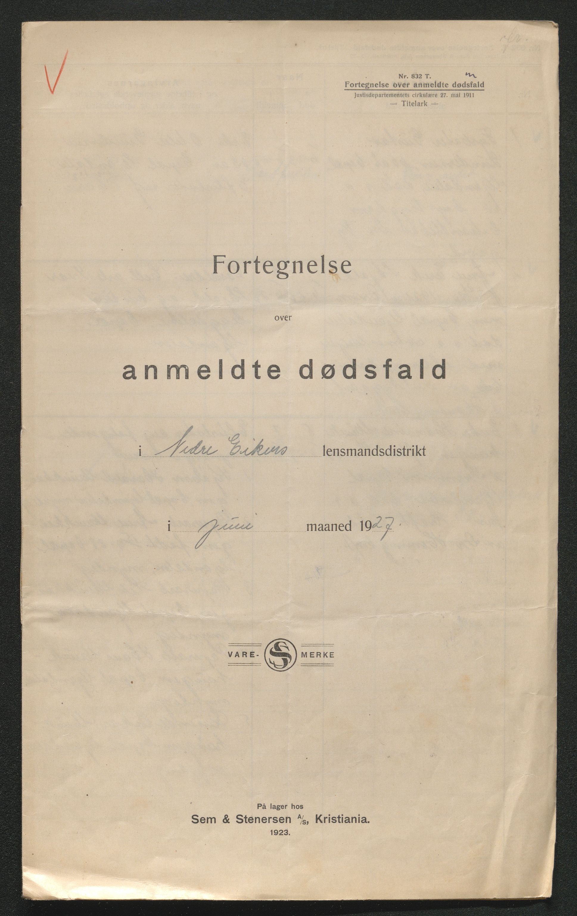 Eiker, Modum og Sigdal sorenskriveri, AV/SAKO-A-123/H/Ha/Hab/L0044: Dødsfallsmeldinger, 1926-1927, p. 838