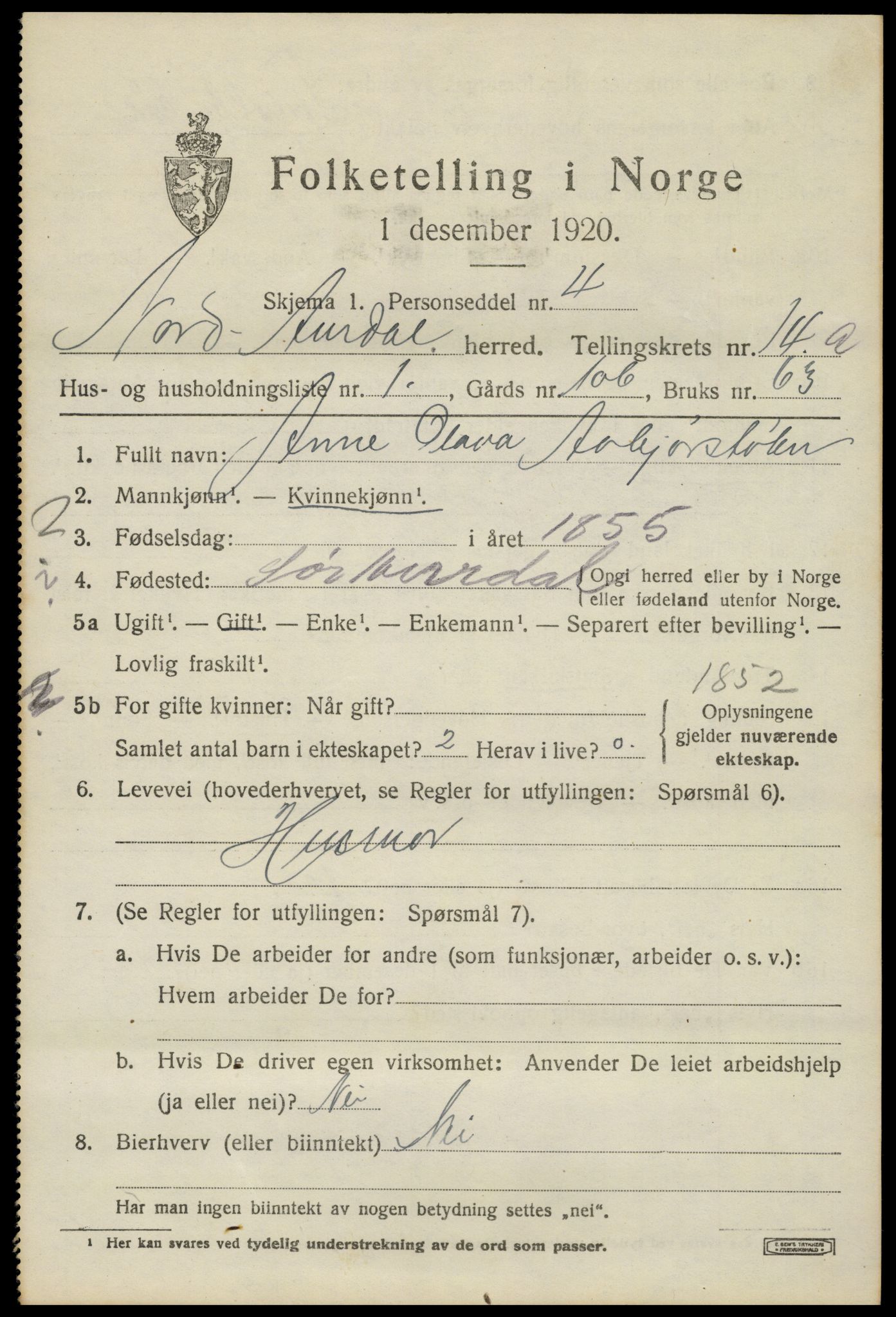 SAH, 1920 census for Nord-Aurdal, 1920, p. 10990