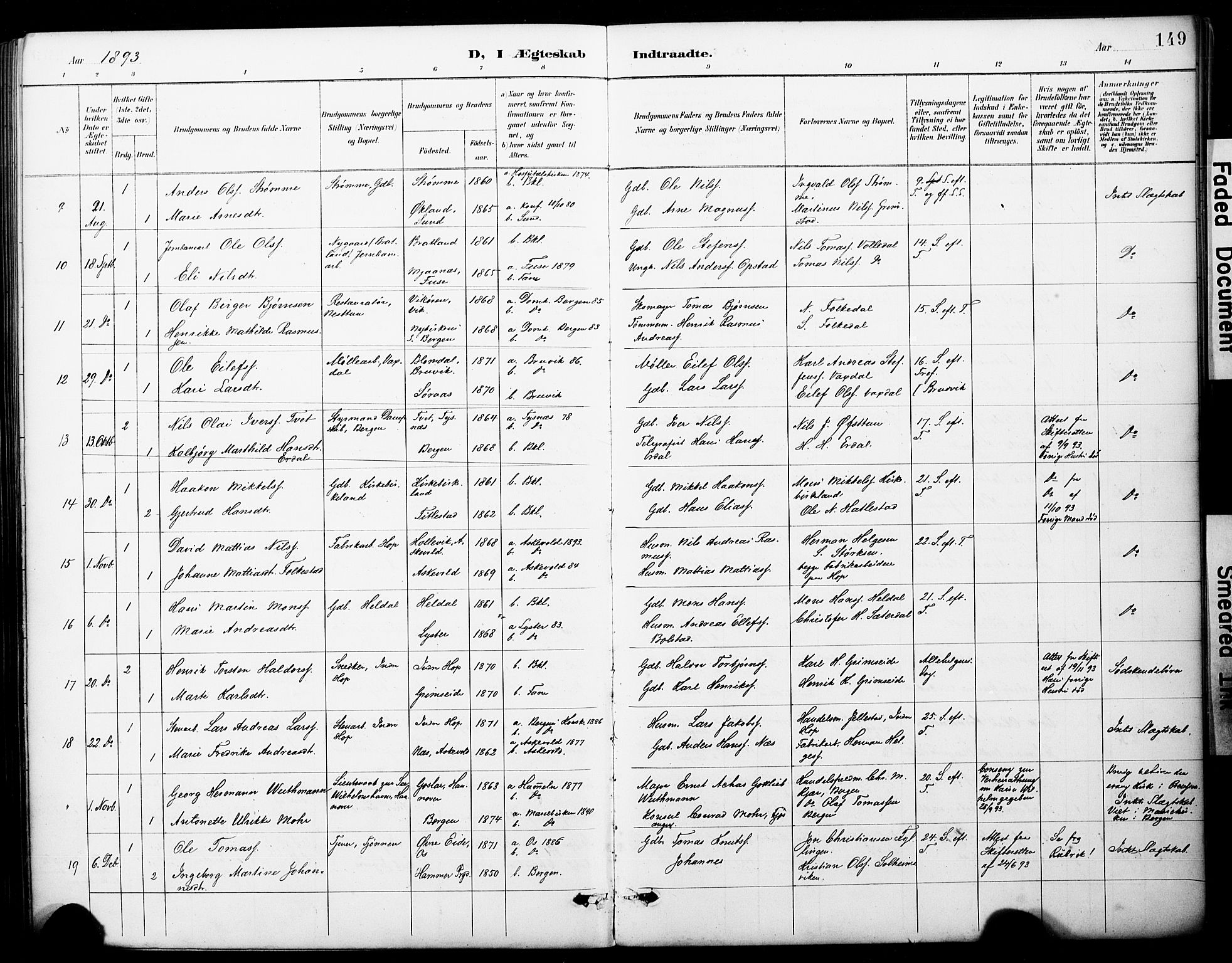 Fana Sokneprestembete, AV/SAB-A-75101/H/Haa/Haai/L0002: Parish register (official) no. I 2, 1888-1899, p. 149