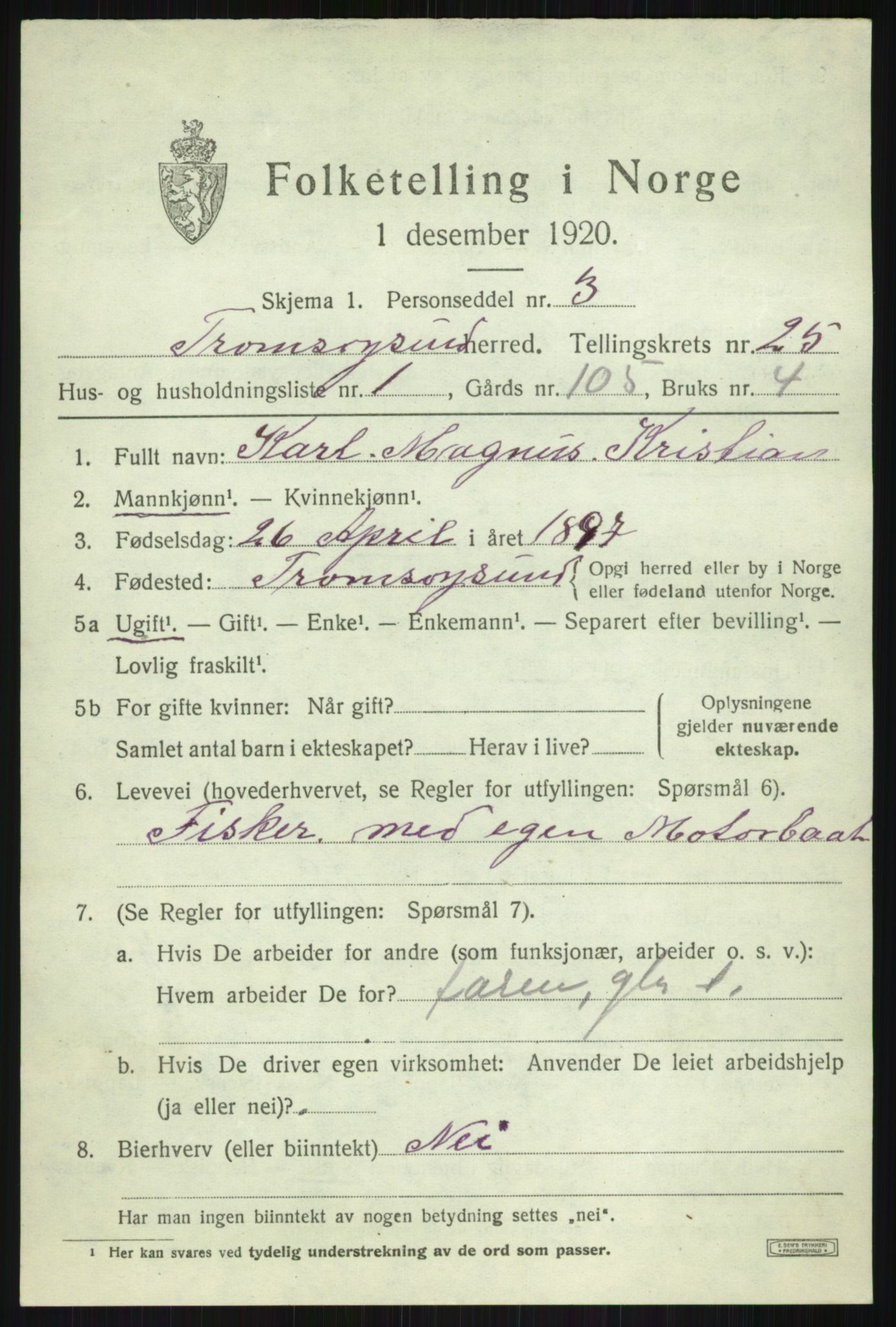 SATØ, 1920 census for Tromsøysund, 1920, p. 11916